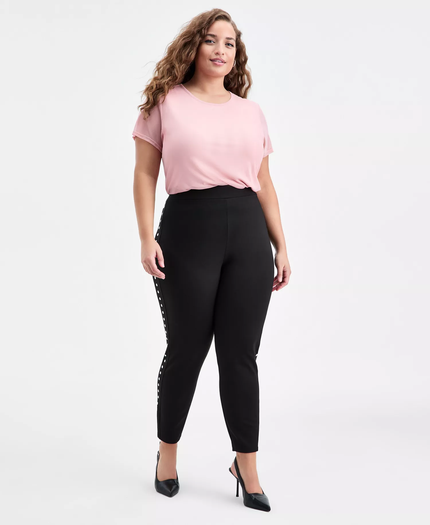 Trendy Plus Size Studded Pull-On Bodycon Leggings - Black - 0X