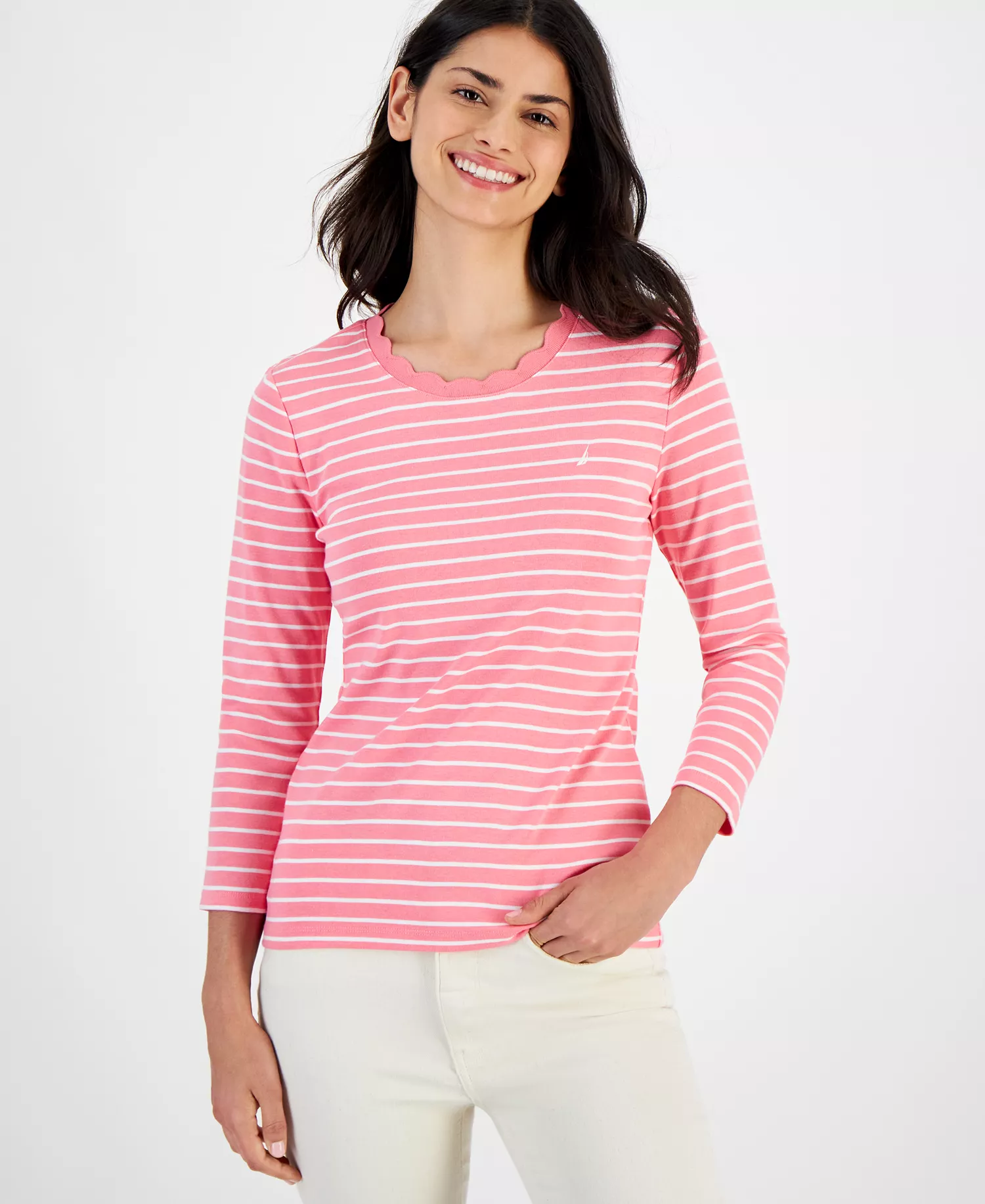 Nautica Women's Cotton Striped 3/4-Sleeve Top - Confetti Pink - XS