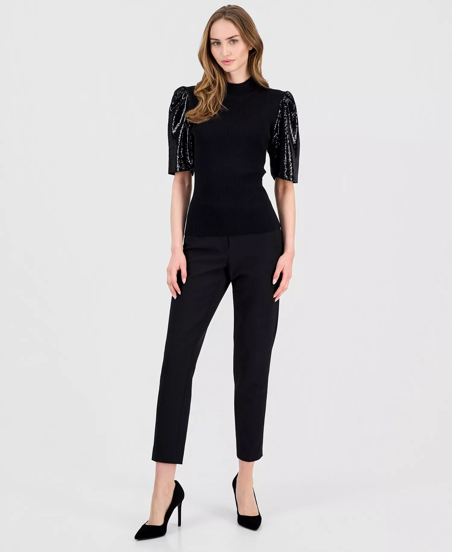 Women's Sequin-Sleeve Ribbed Top - Black - L