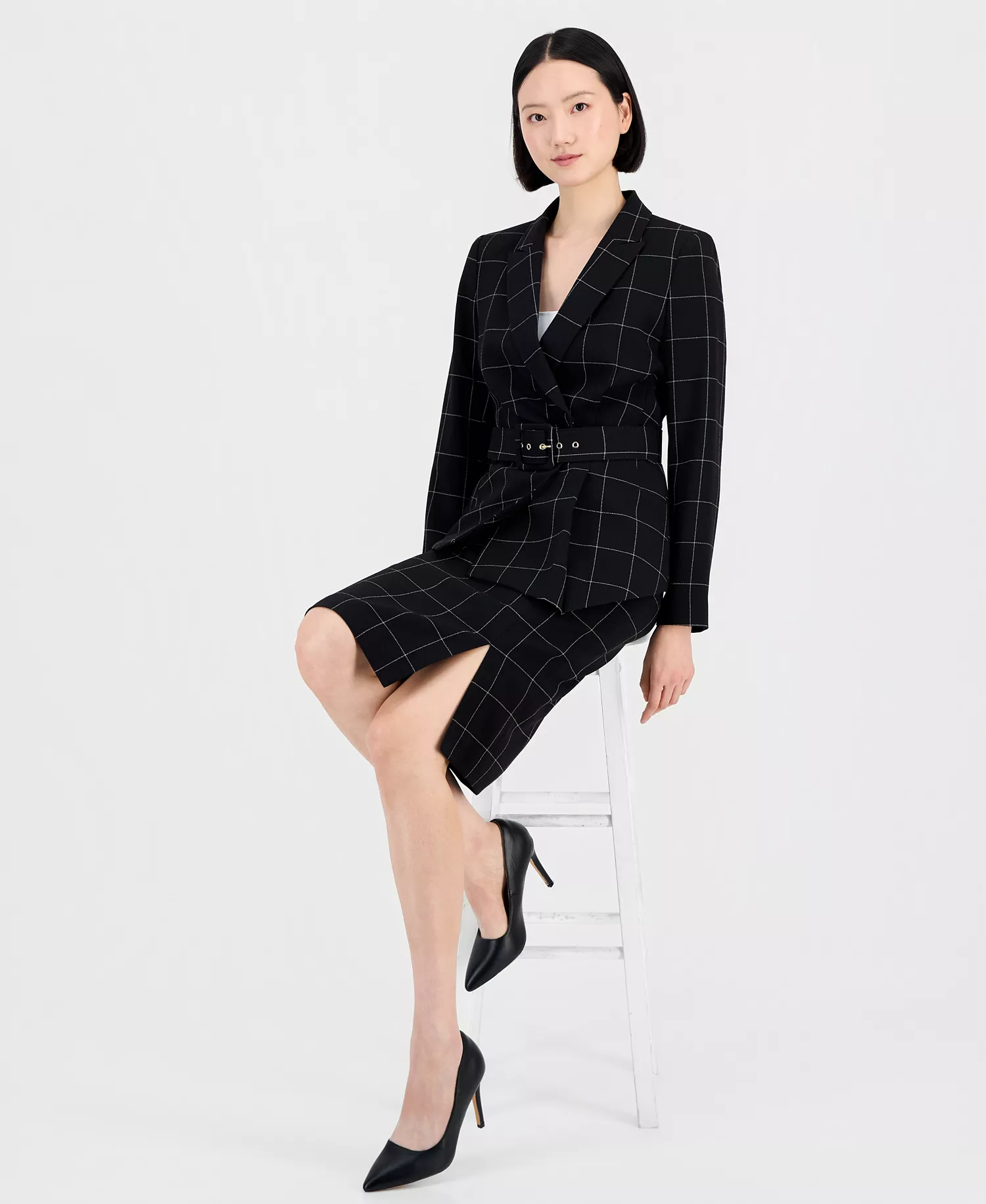 Women's Windowpane-Print Skirt Suit Set - Blk/ivory - 12