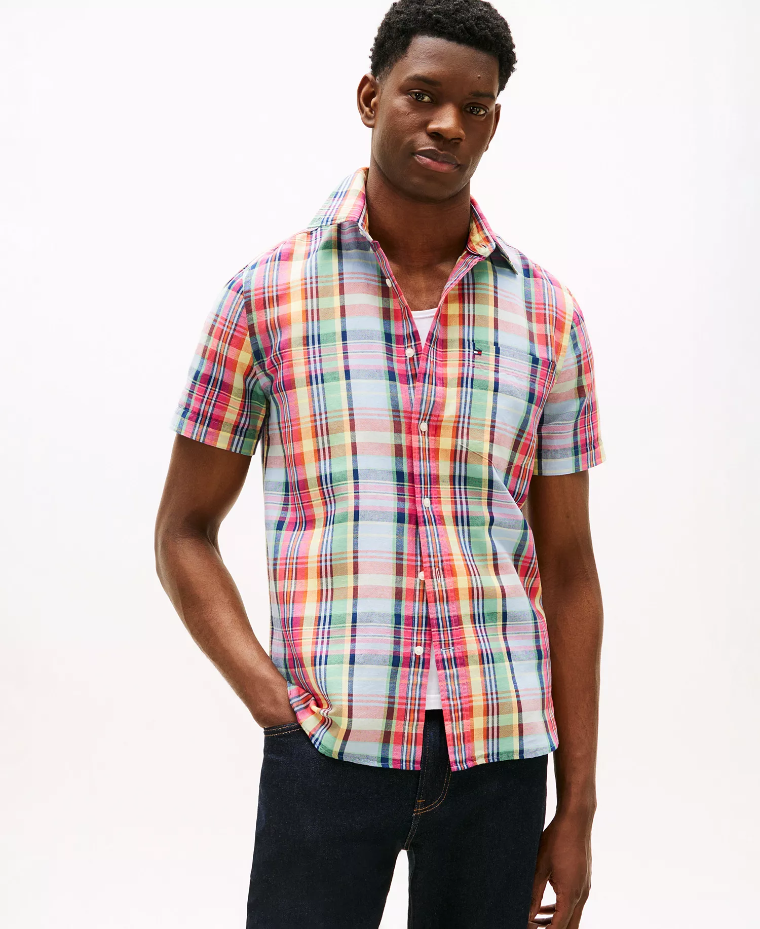 Men's Linen Madras Plaid Short-Sleeve Shirt - Brilliant Orange Multi / Check - L