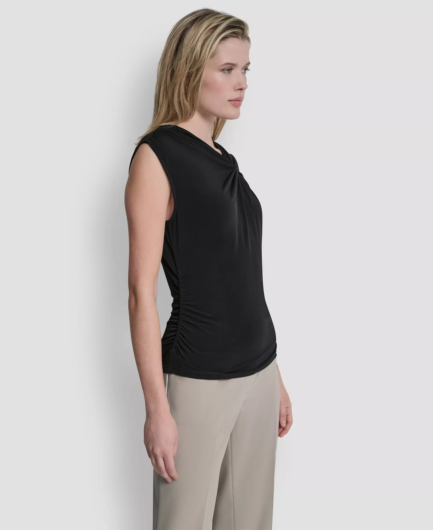 Women's Asymmetric Neck Cap-Sleeve Knit Top - Black - L