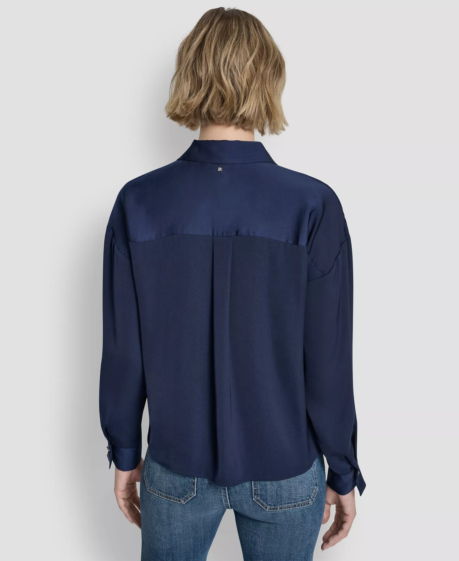 Women's Long-Sleeve Rhinestone Button Front Shirt With Twist Hem - Peacoat - L