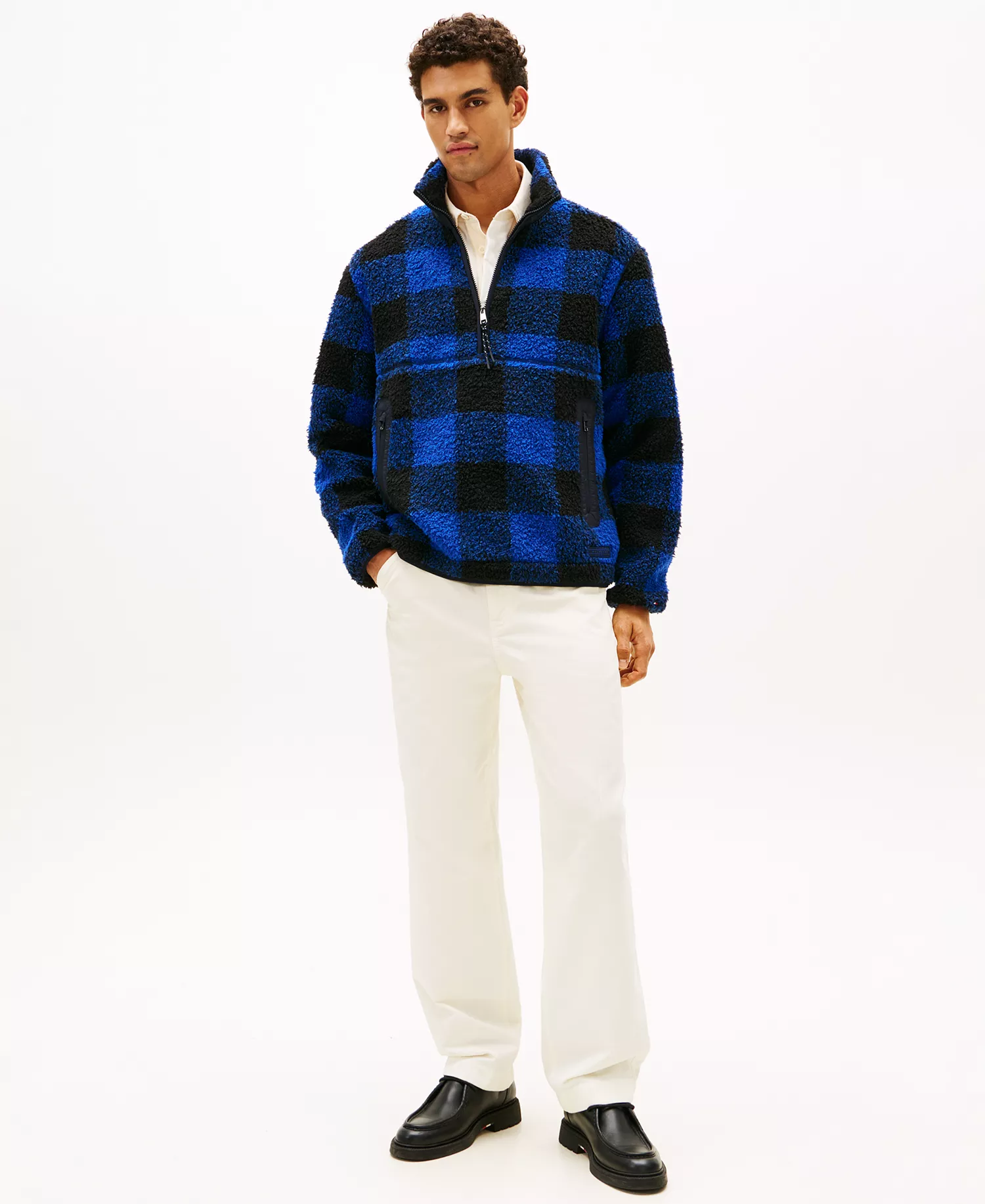 Men's Teddy Fleece Check Pullover Jacket - Wedge Blue / Black - L