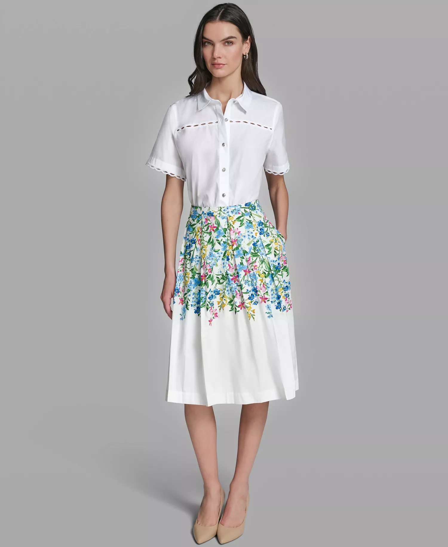 Women's Pleated Placed Printed Skirt - Soft White Combo - 0