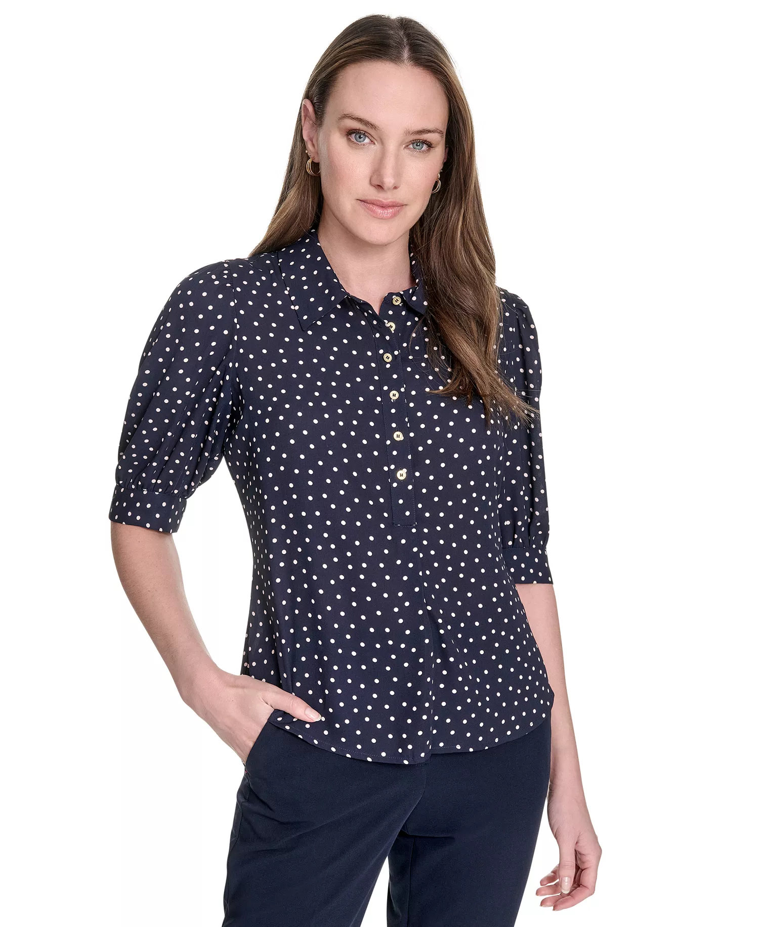 Women's Printed Point Collar Puff-Sleeve Blouse - Midnight/ Powder - M