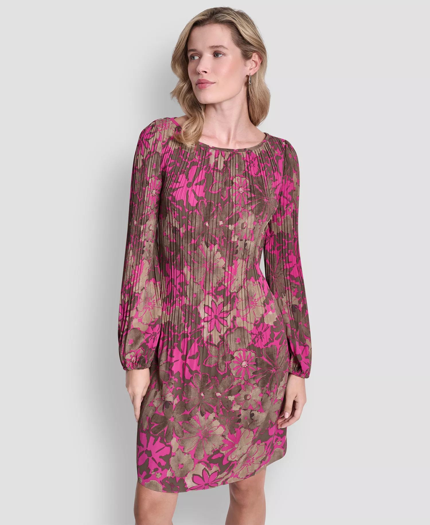 Women's Long-Sleeve Release Pleat Shift Dress - Dune Multi - 12