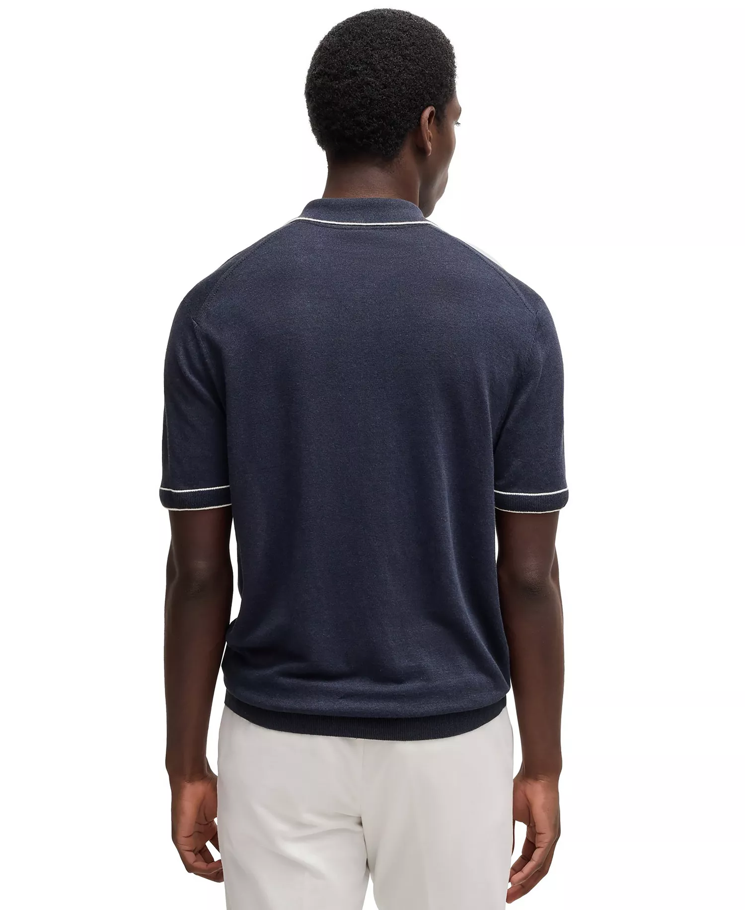 Men's Zip Placket Linen-Blend Knit Sweater - Dark Blue - 2XL