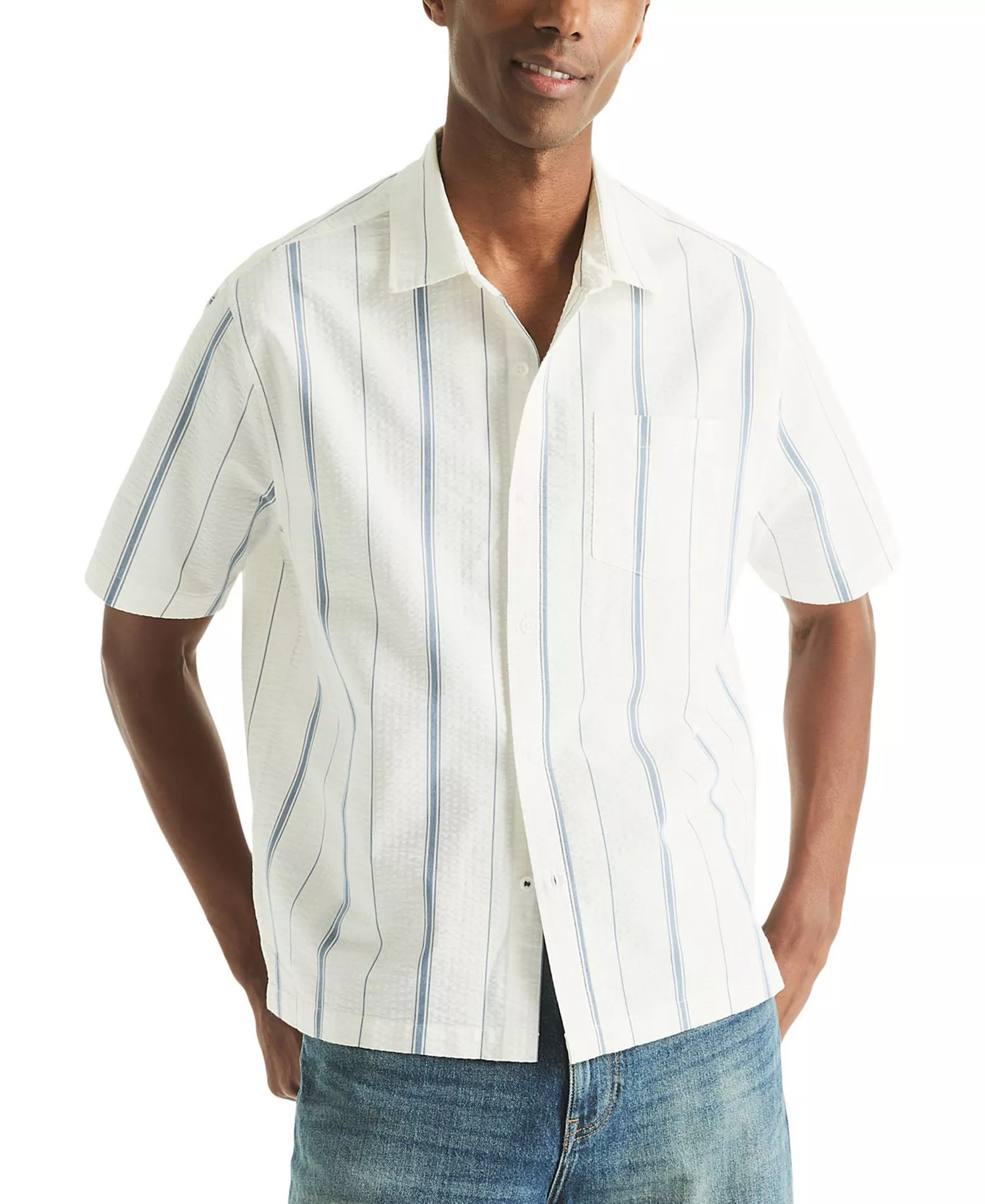 Men's Short-Sleeve Stripe Collared Shirt - White - L