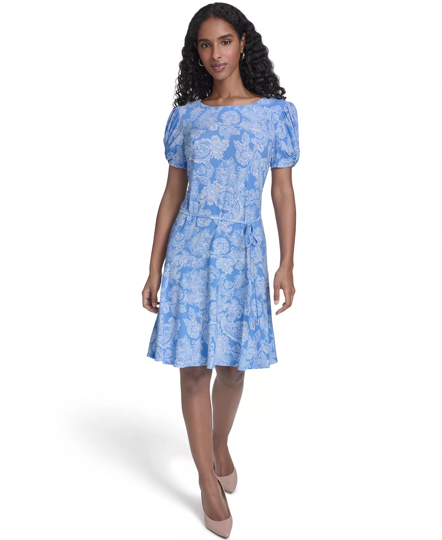 Women's Puff-Sleeve Shift Dress - French blue/ivory - 10