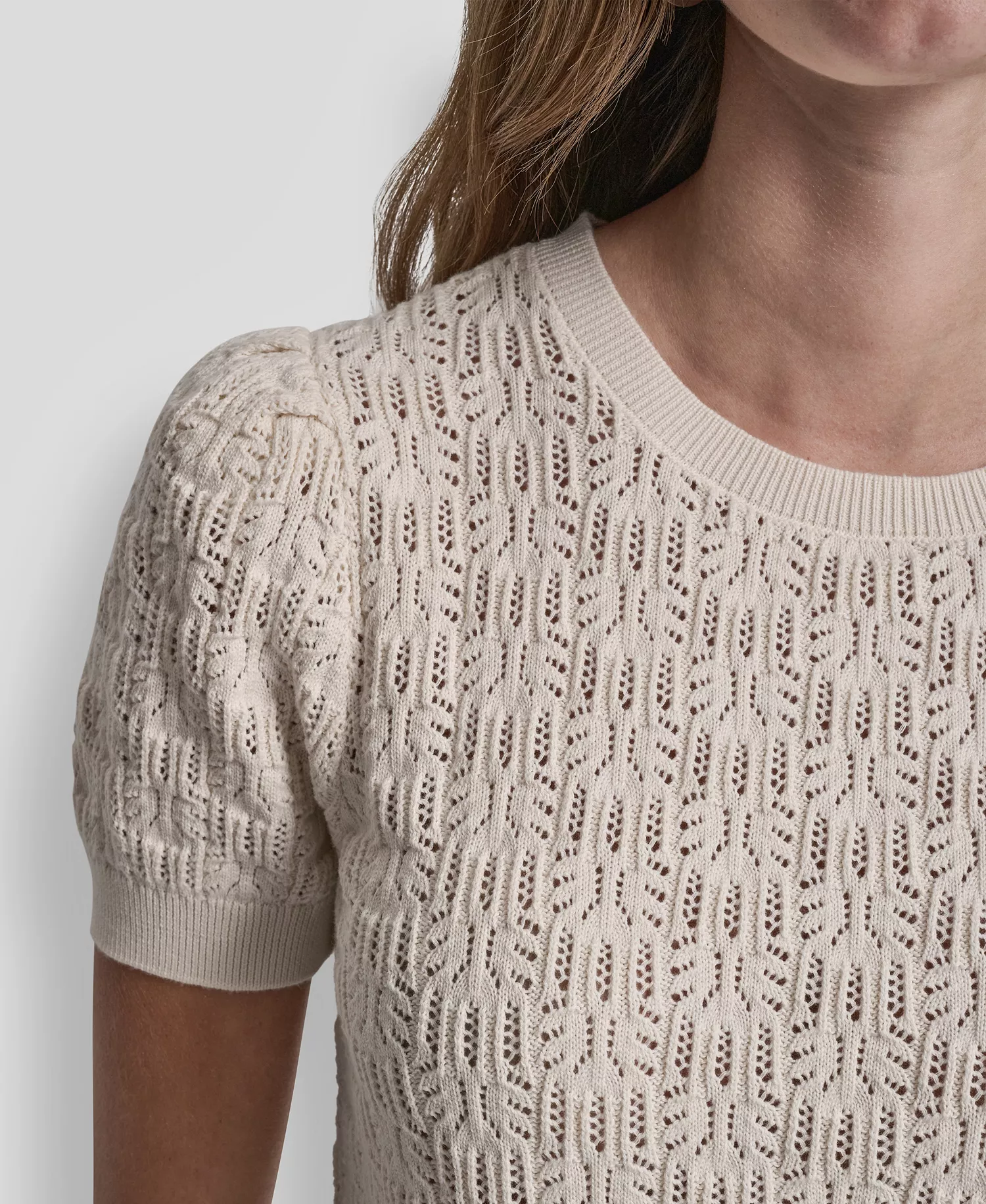 Women's Short Sleeve Crew Neck Lace Pointelle Sweater - Eggnog - L