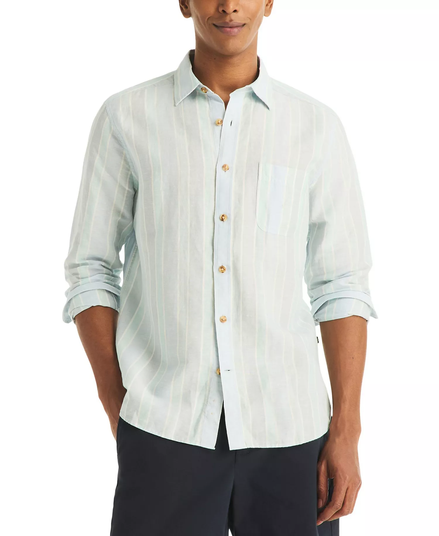 Men's Striped Linen Long-Sleeve Shirt - Crystal Bay Blue - L