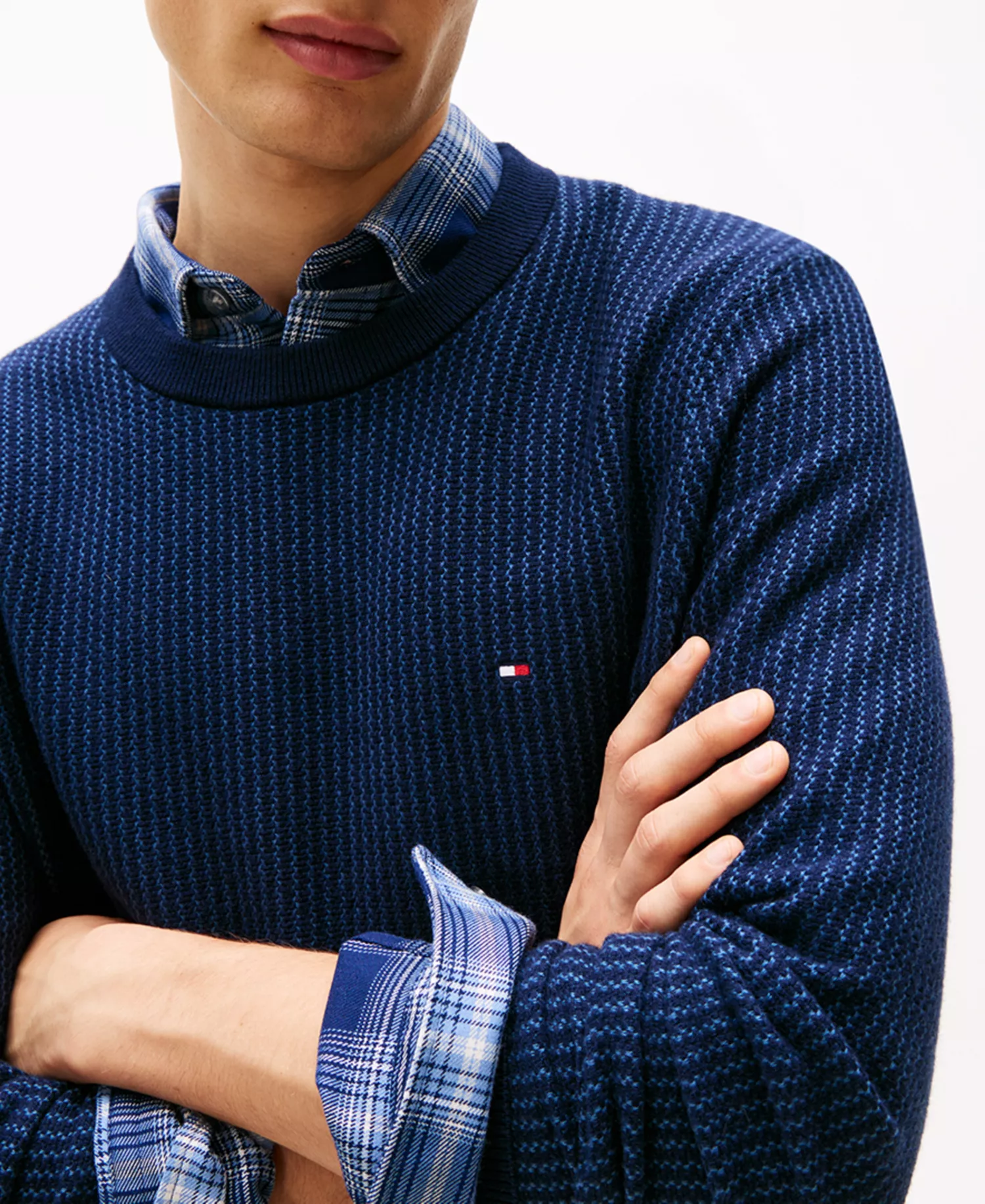 Men's Crewneck Two-Tone Pima Cotton Cashmere Sweater - Desert Sky /Aegean Sea - L