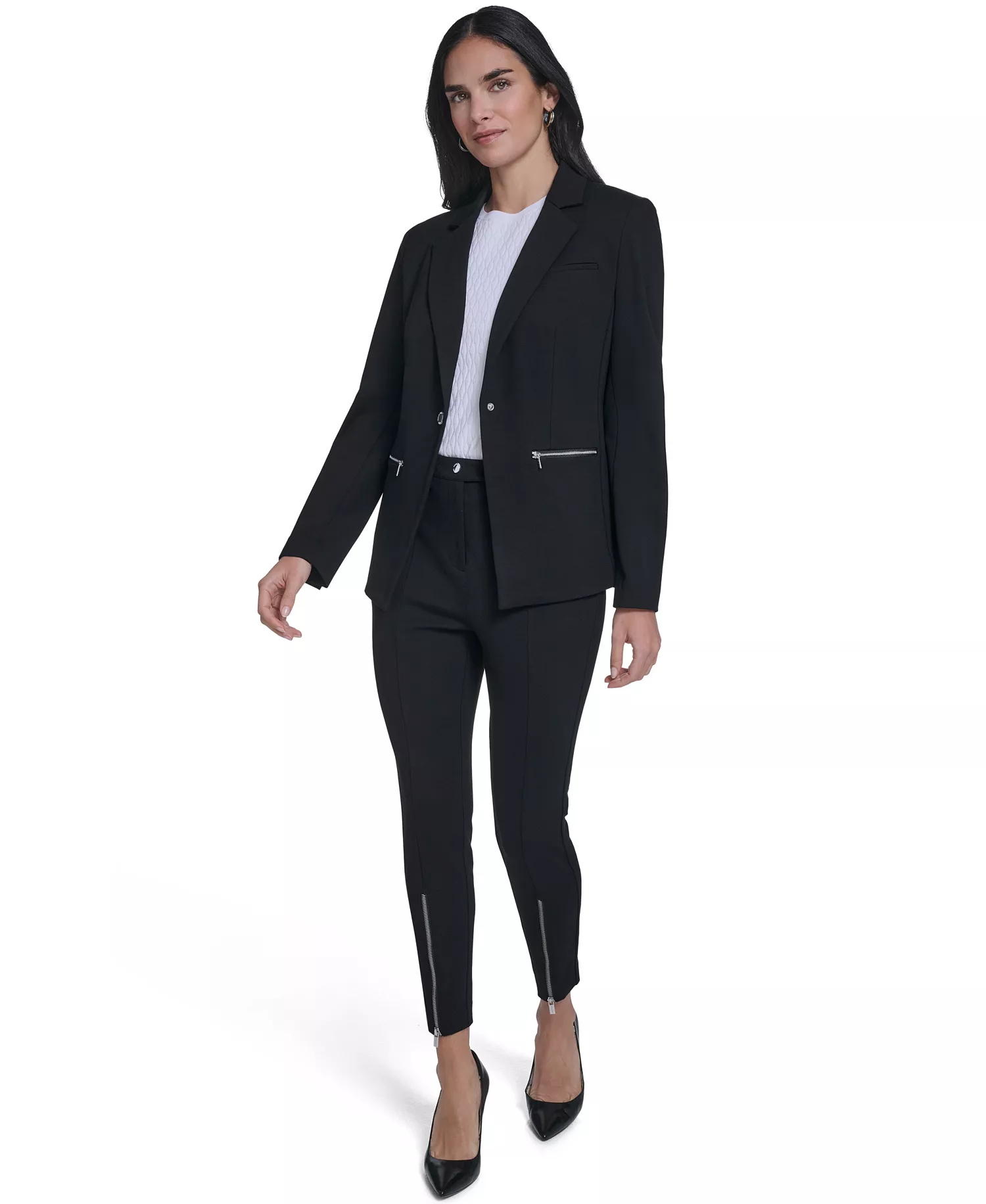 Women's Ponte Slim Leg Pant and Ponte One Button Jacket - Black - 0