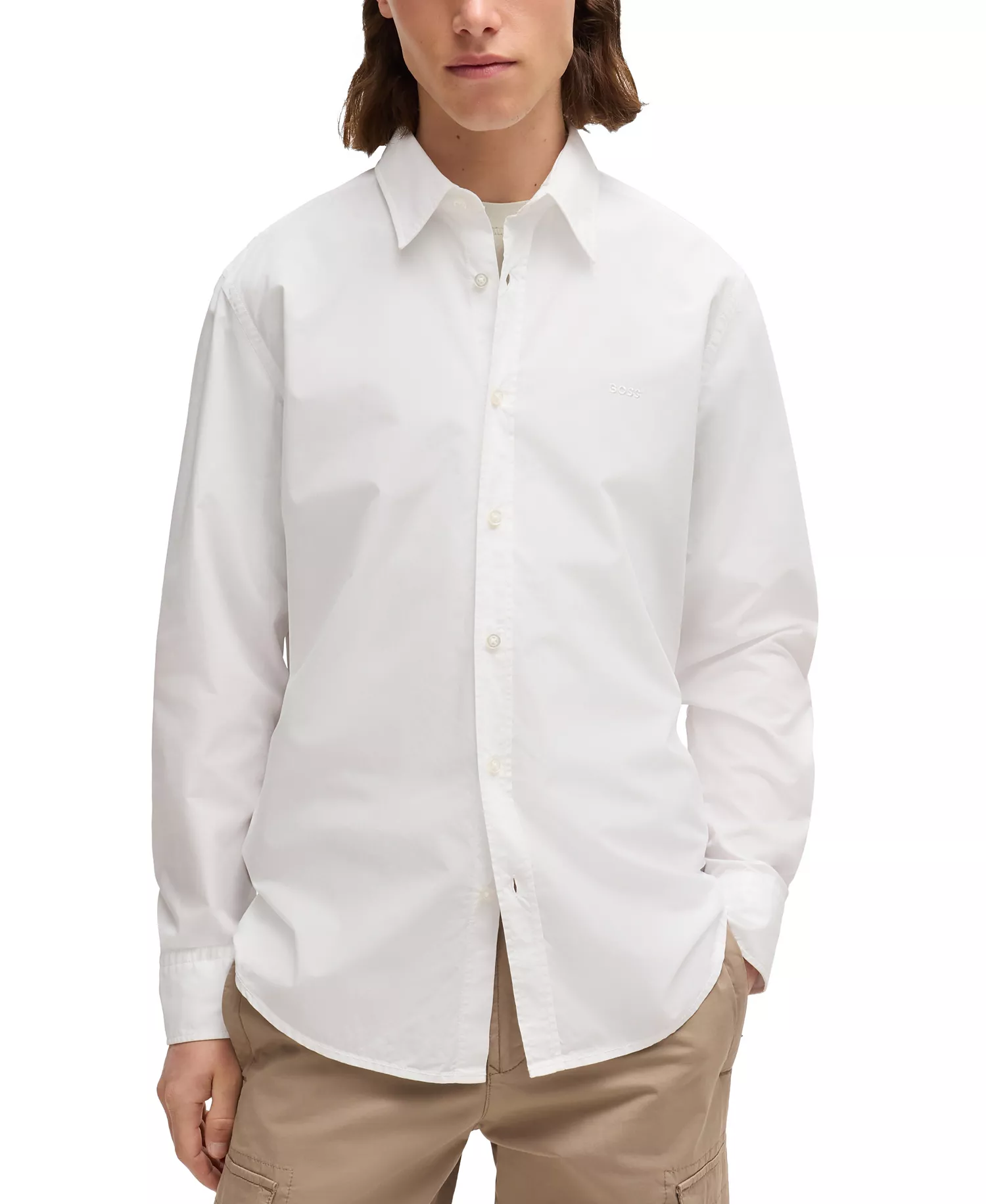 Men's Cotton Poplin Regular-Fit Dress Shirt - White - L