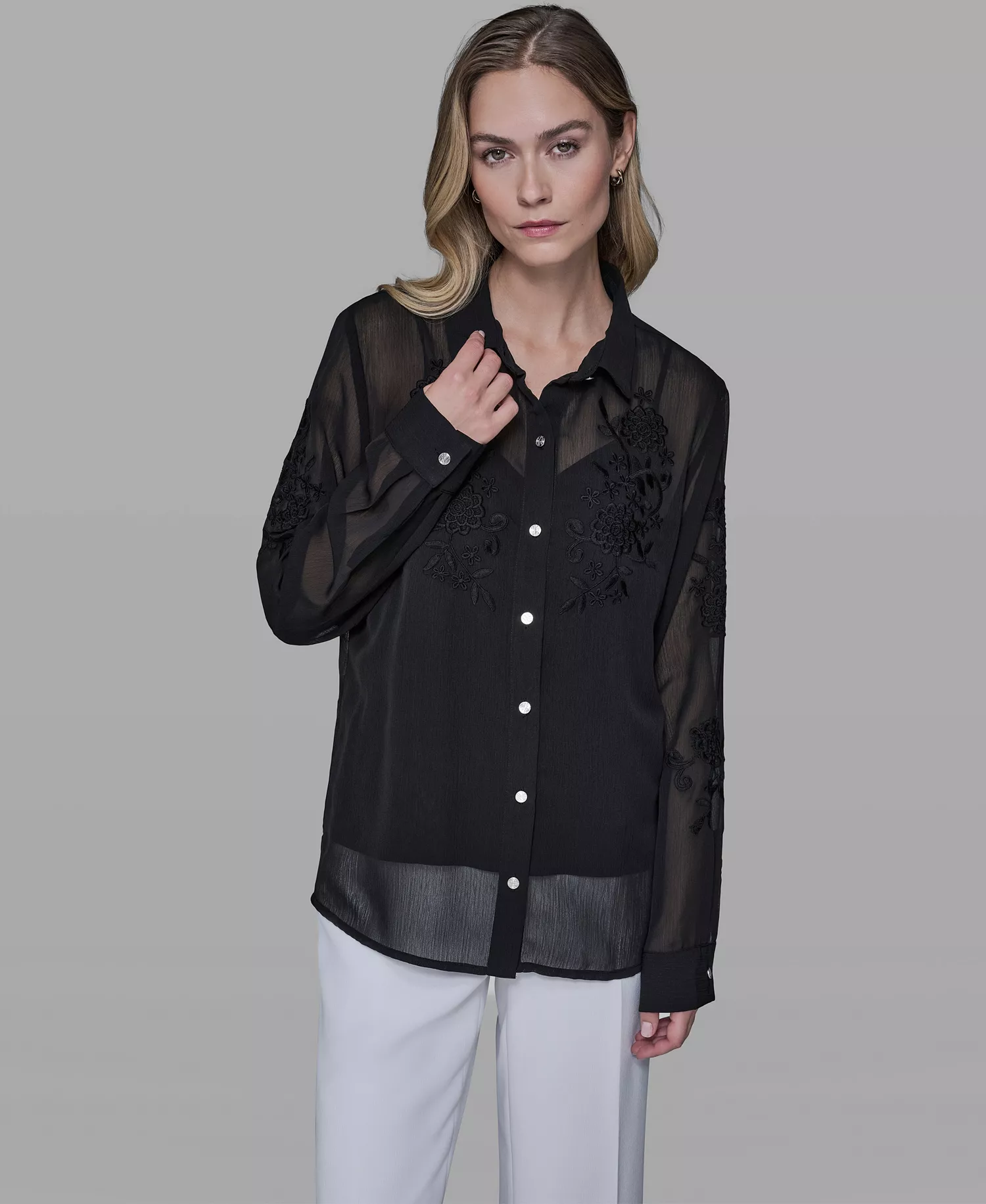 Women's Long-Sleeve Embroidered Flower Blouse - Black - L