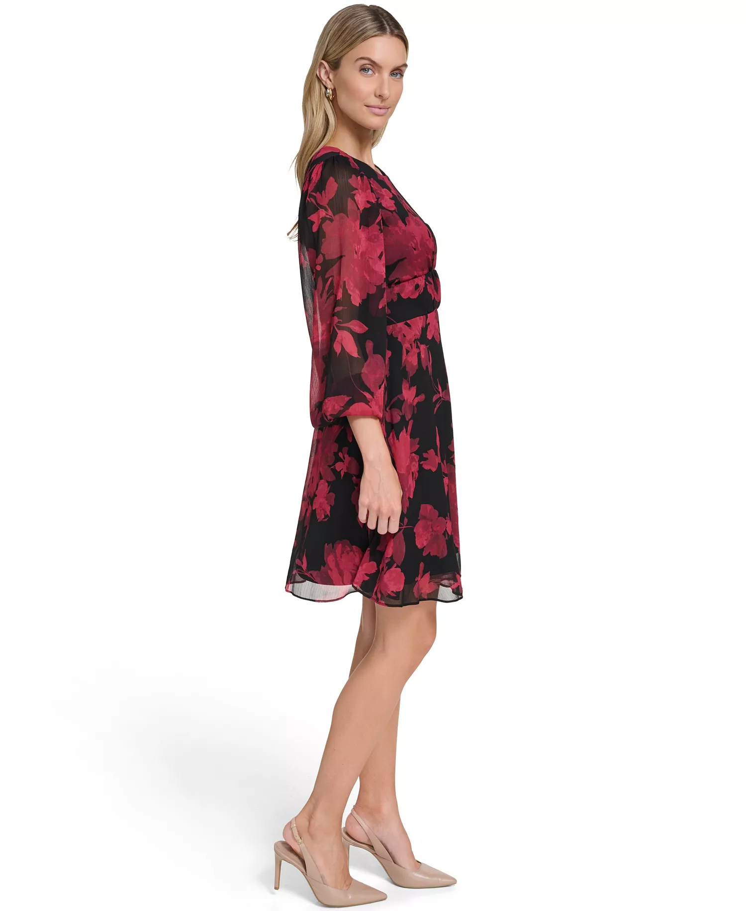 Petite Printed Long-Sleeve A-Line Dress - Black Red - 0P