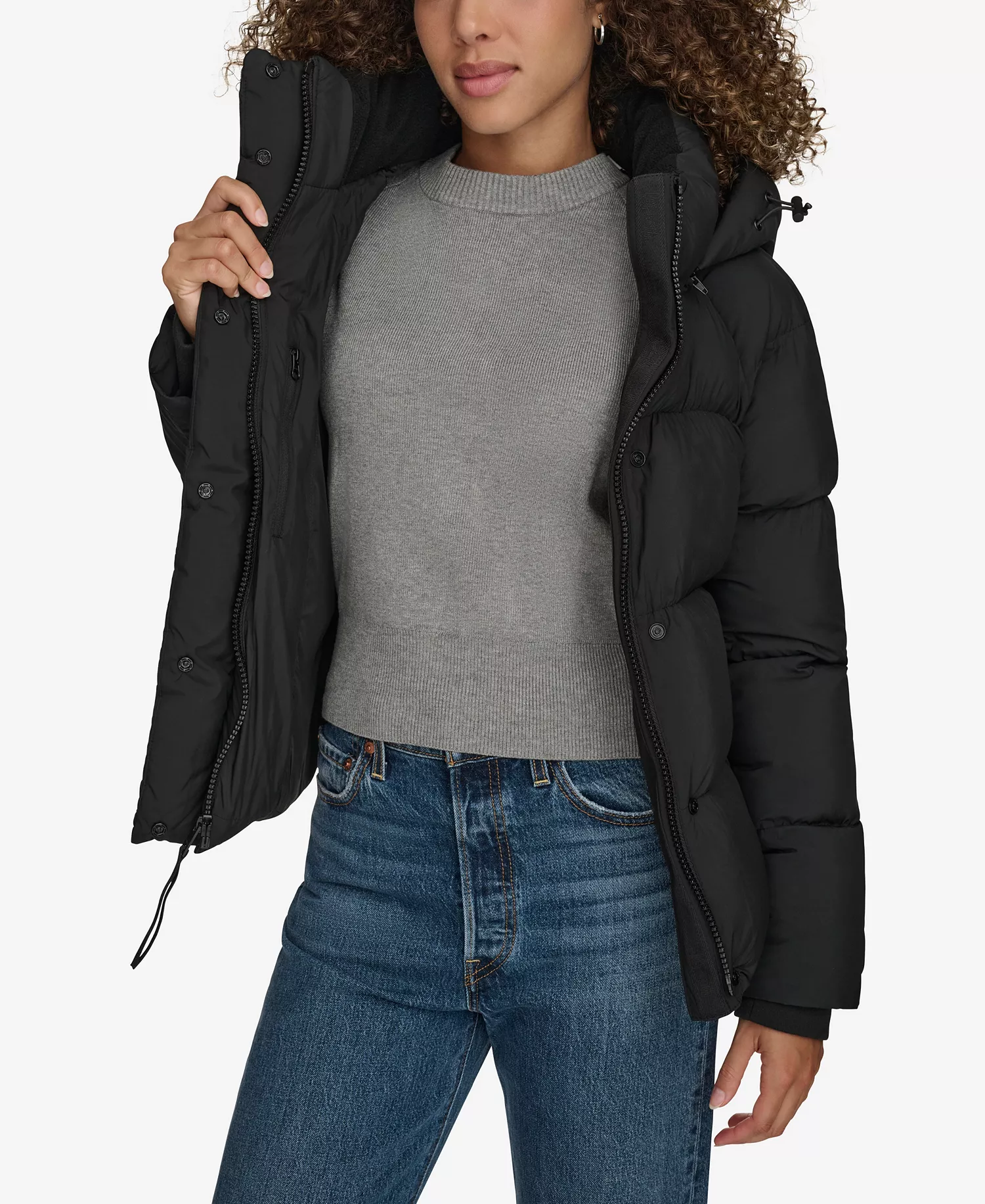 Women's Quilted Hooded Puffer Jacket - Black - L