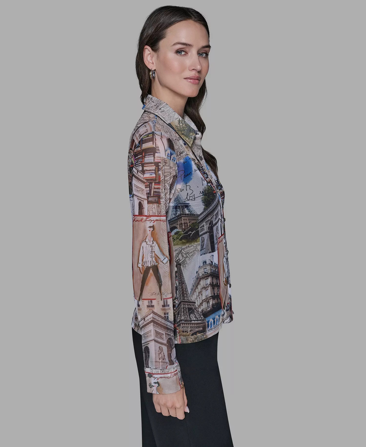 Women's Printed Mesh Long-Sleeve Collared Blouse - Soft White/ Cartouche Multi - L