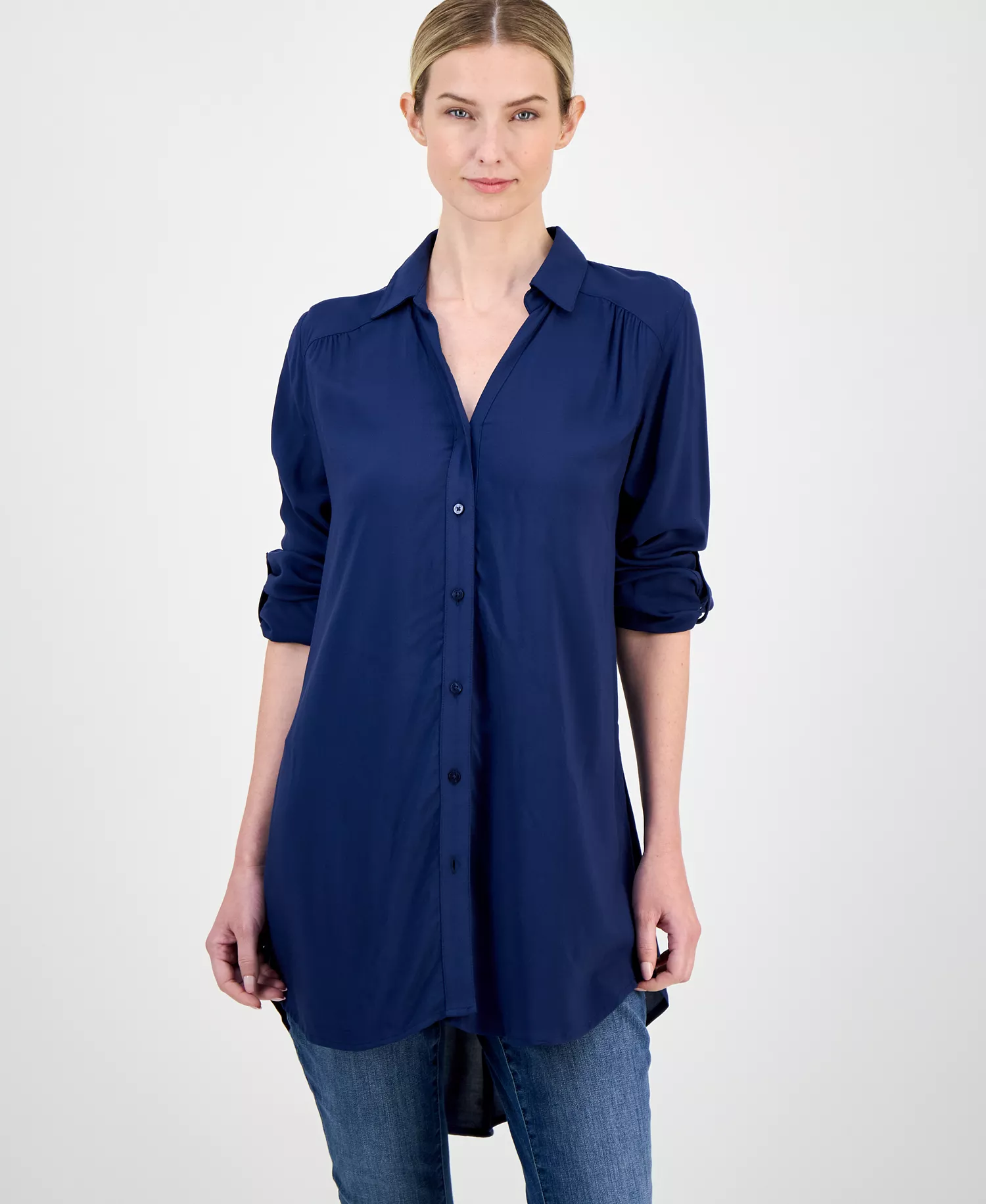 Women's Roll-Tab Button-Down Long Blouse, Created for Macy's - Indigo Sea - L