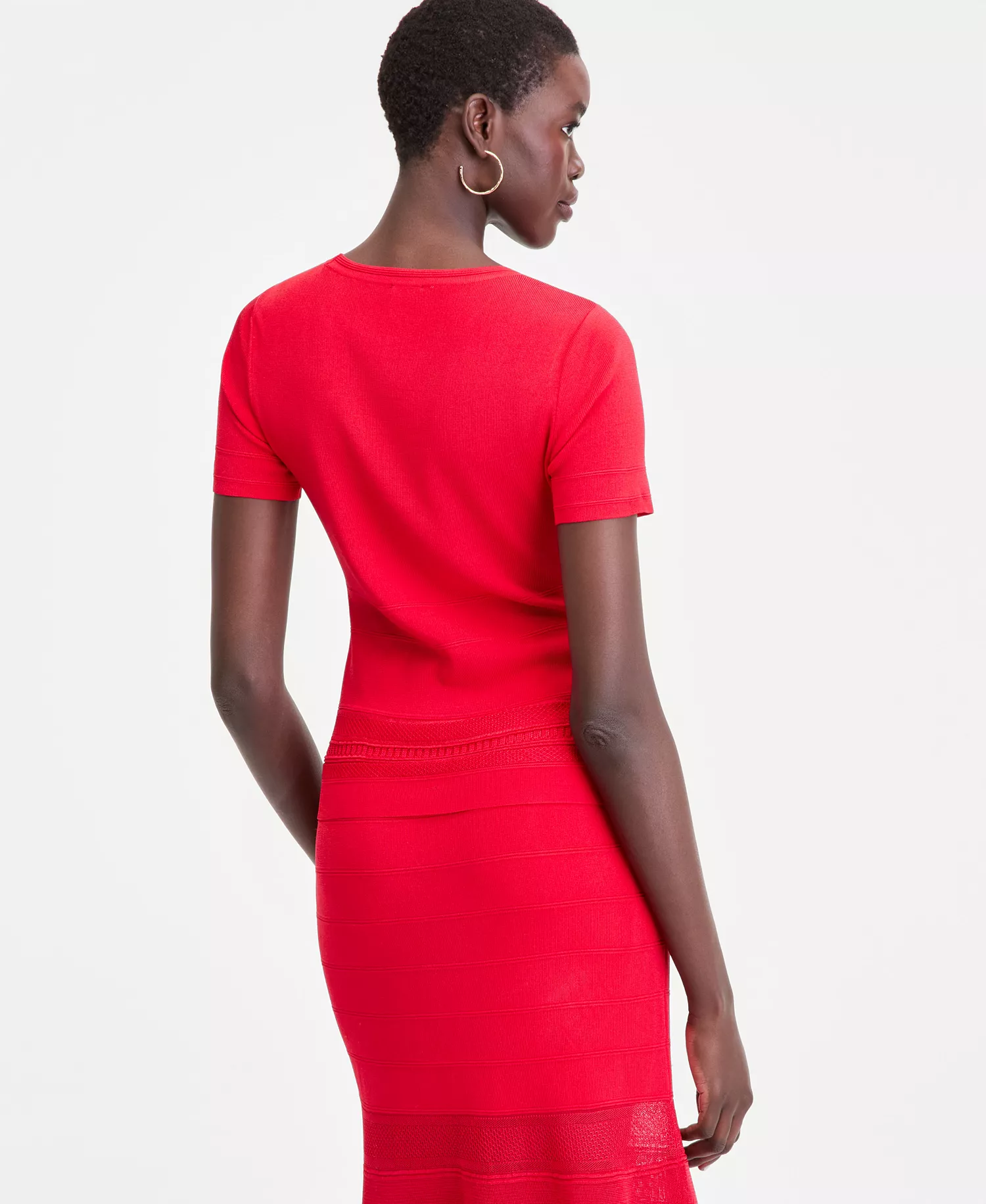 Women's Short Sleeve Pointelle Stripe Sweater - Cherry Flame - L