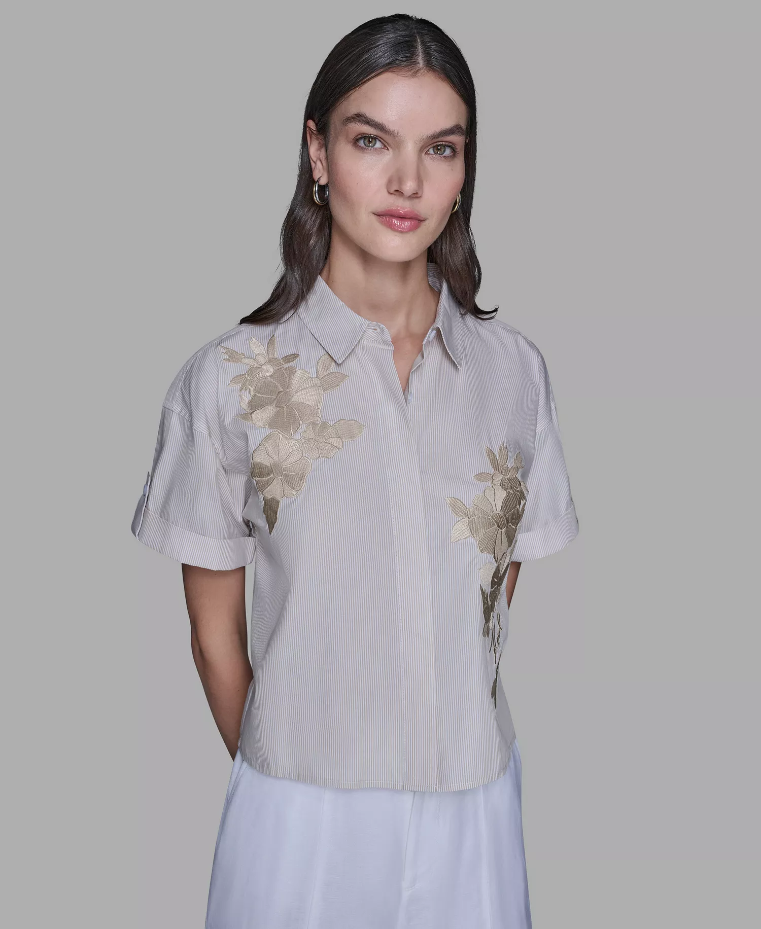 Women's Striped Floral Detail Top - Desert/Soft White - L