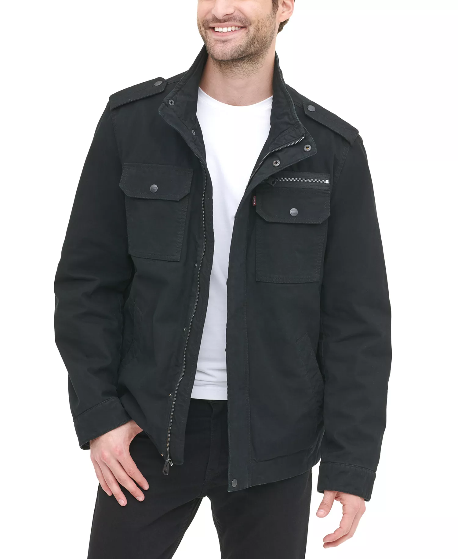 Men's Cotton Zip-Front Jacket   - Black - 2XL