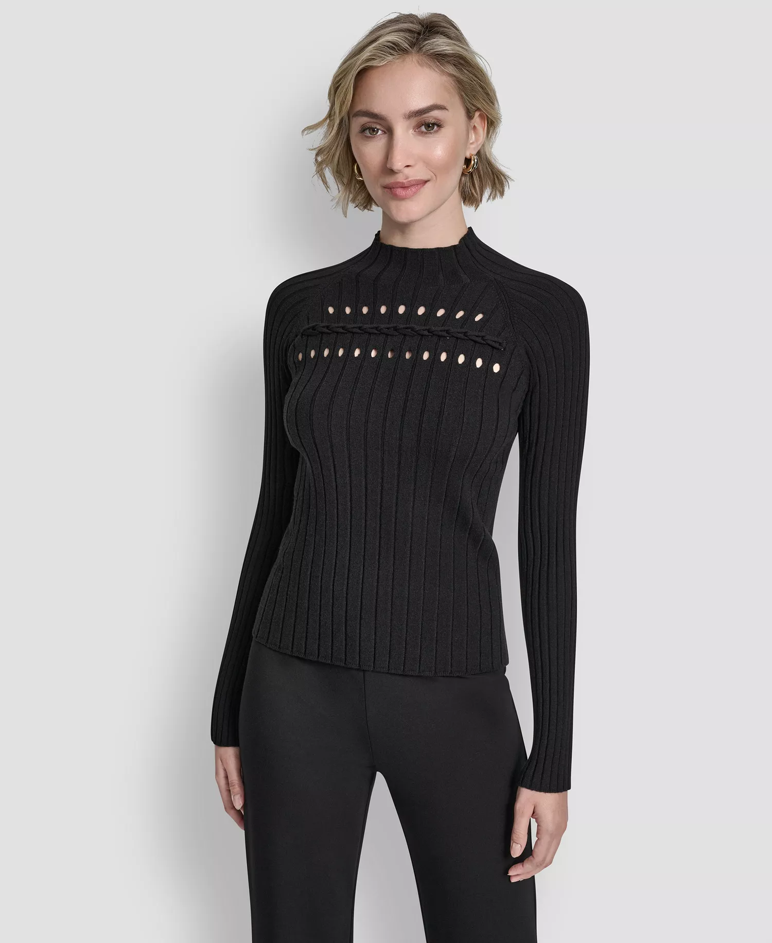 Women's Long-Sleeve Cord Detail Rib Sweater - Black - L