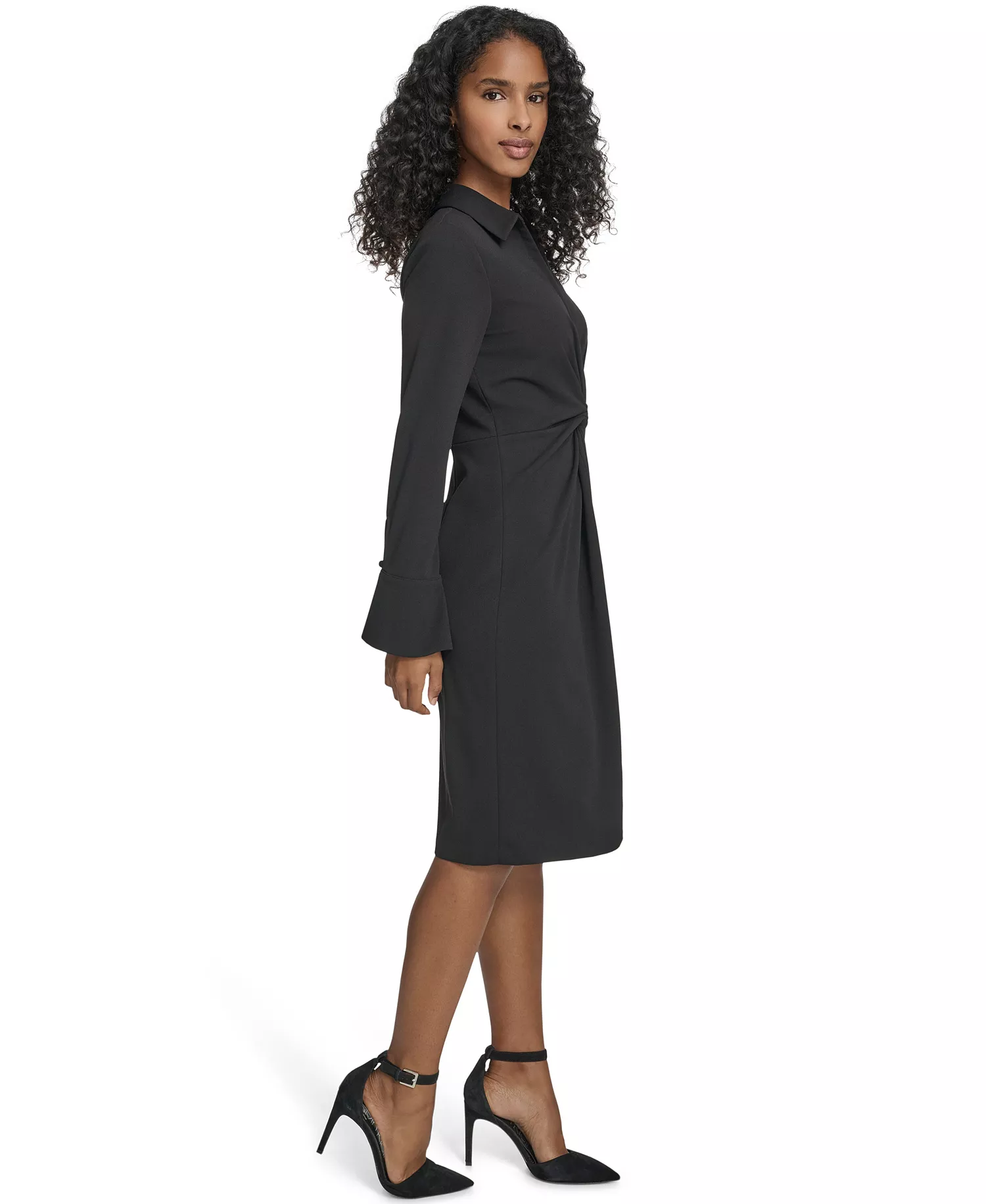 Women's Petite Collar Long-Sleeve Midi Shirtdress - Black - 0P