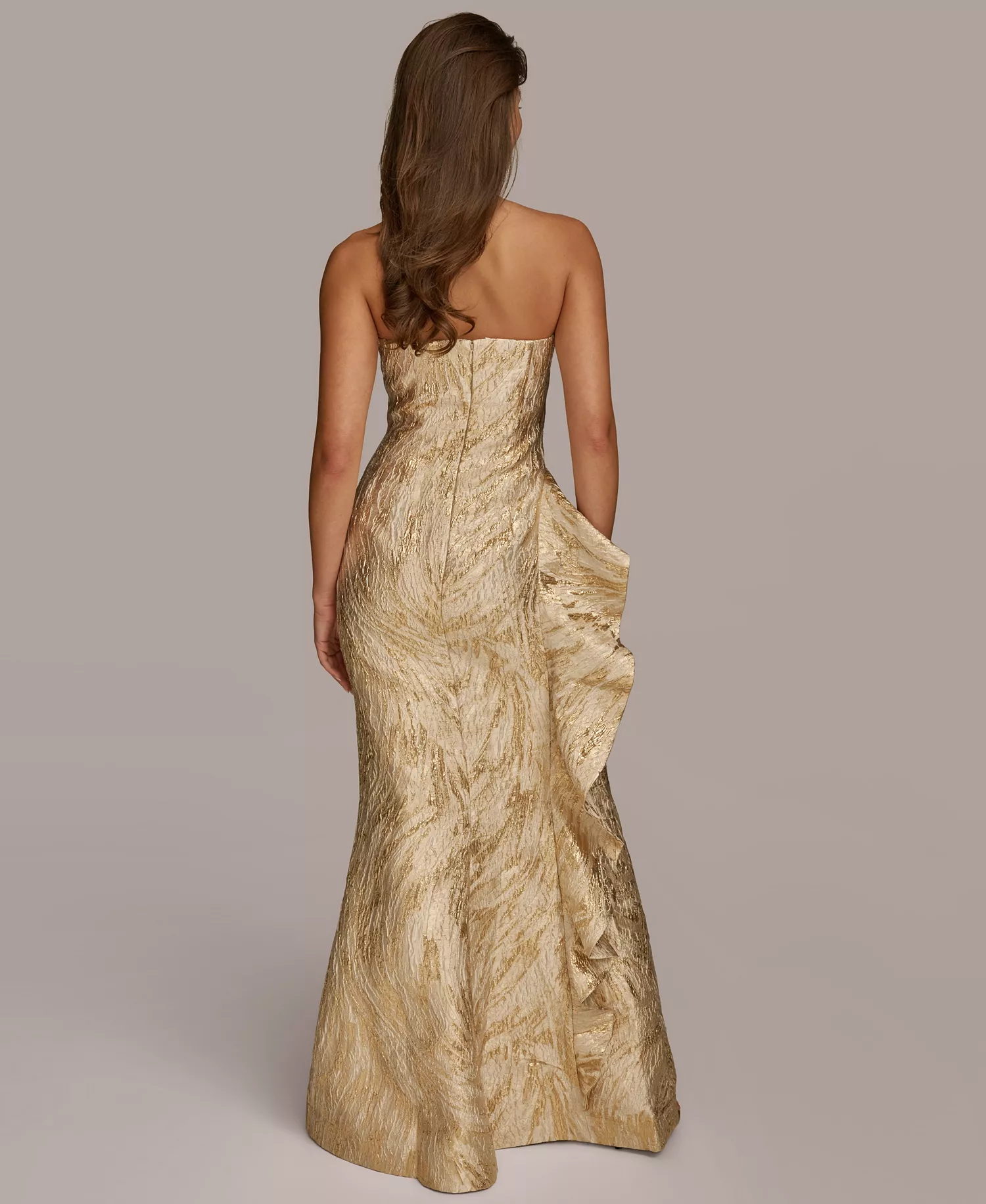 Women's Metallic Ruffled Strapless Gown - Champagne Multi - 10