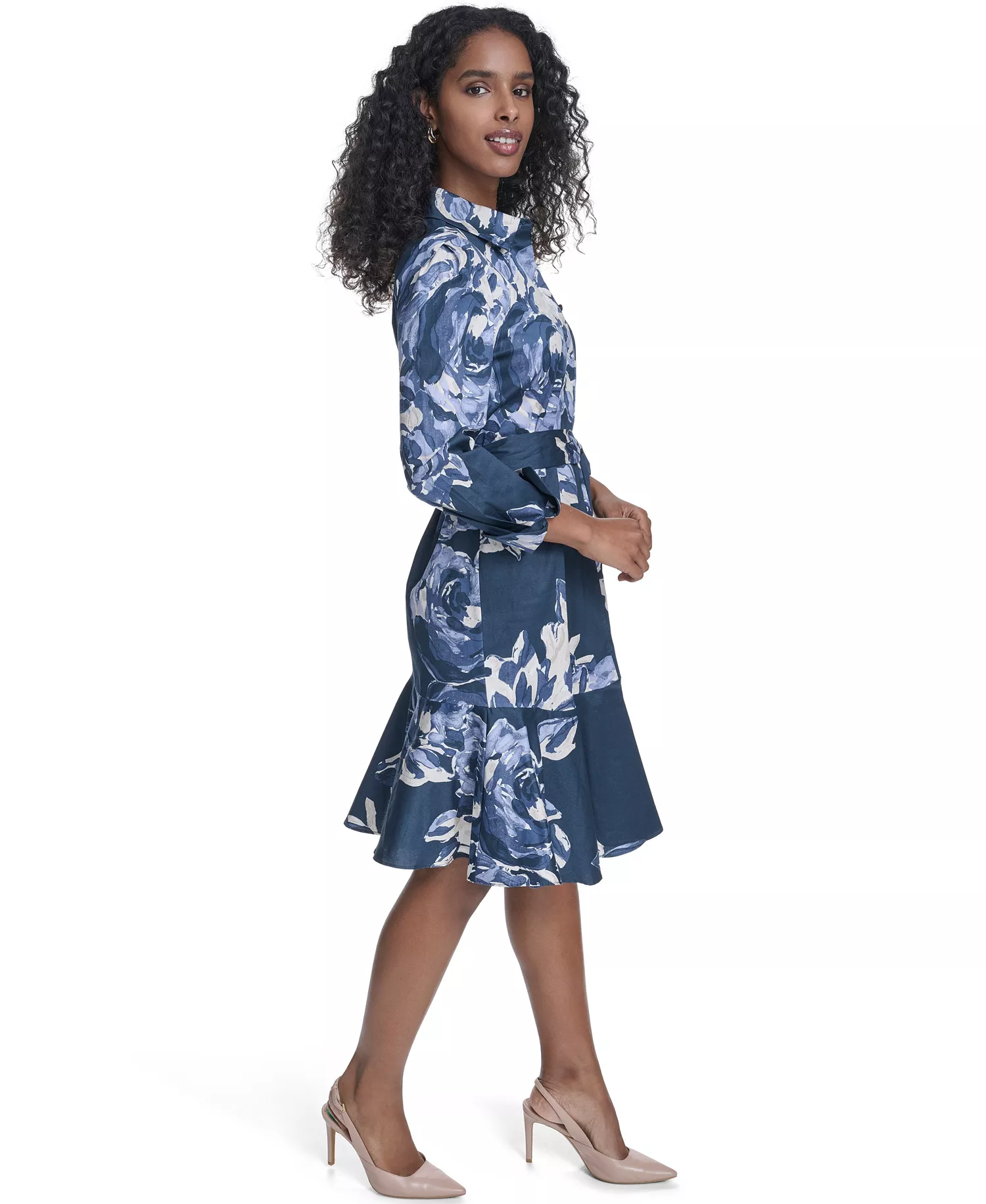 Women's Collared Long-Sleeve Shirt Dress - Vintage Indigo Multi - 0P