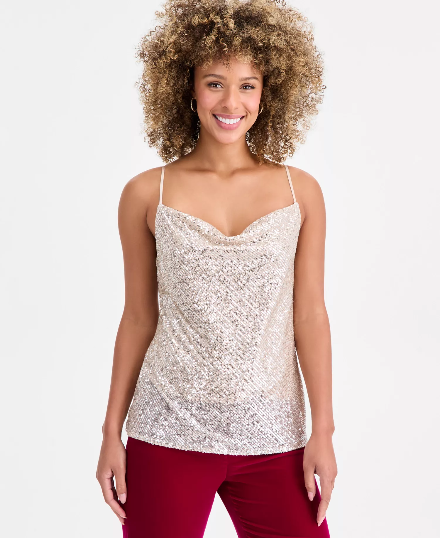 Women's Sequinned Cowl-Neck Top - Nude/silver - L