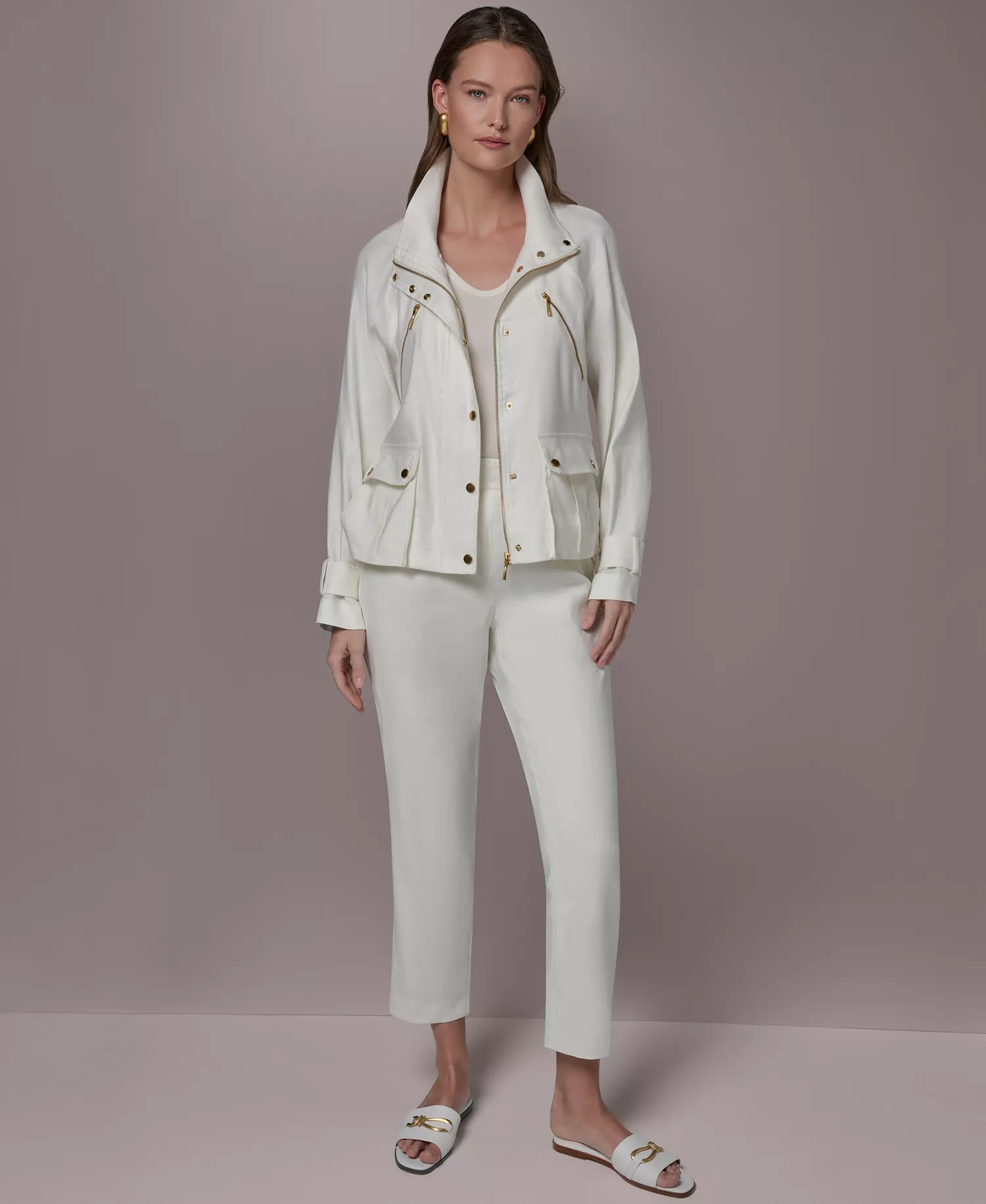 Women's Zipper Patch Pocket Jacket - Cream - L