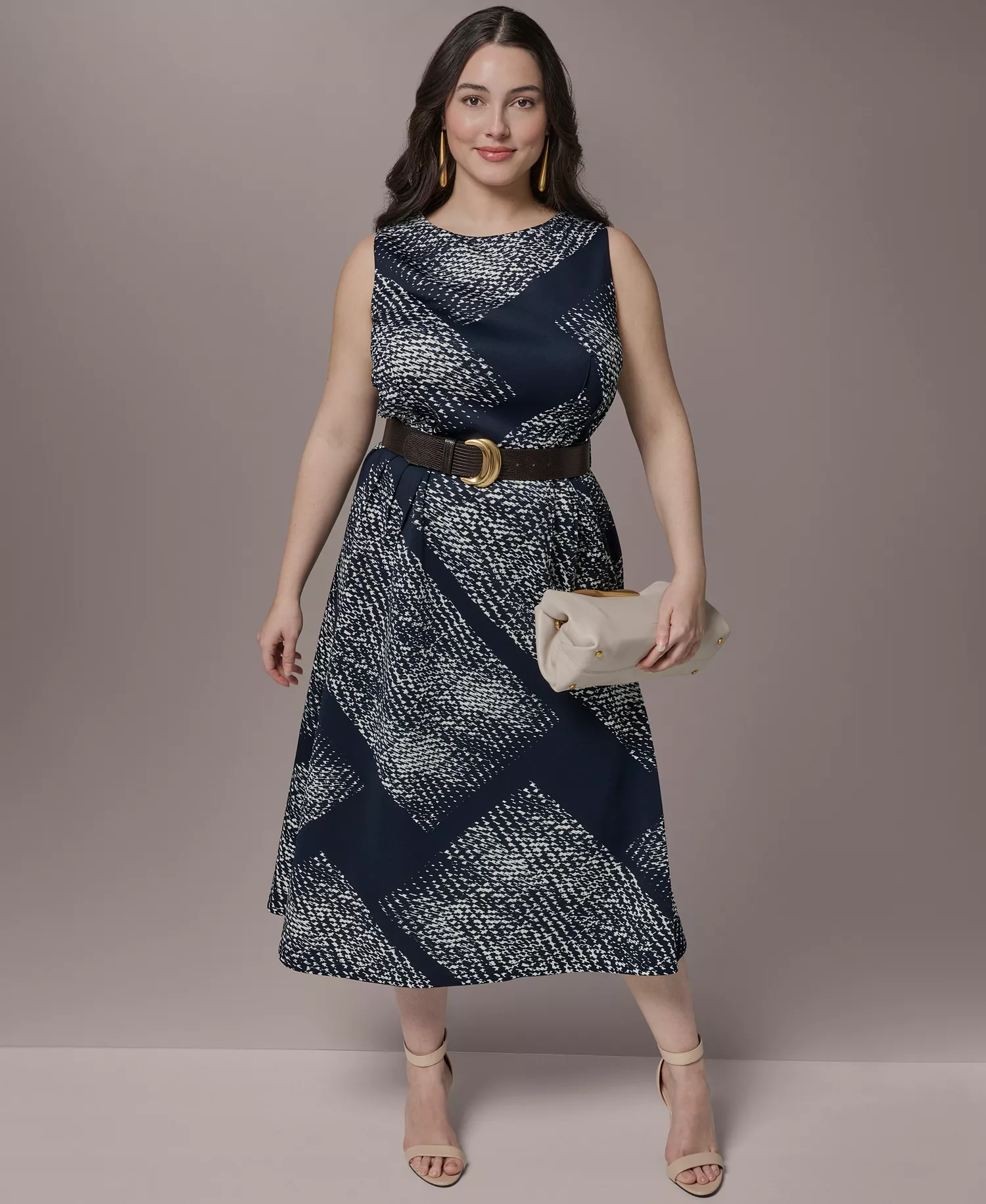 Plus Size Belted Scuba Midi Dress - Nightfall/cream - 14W