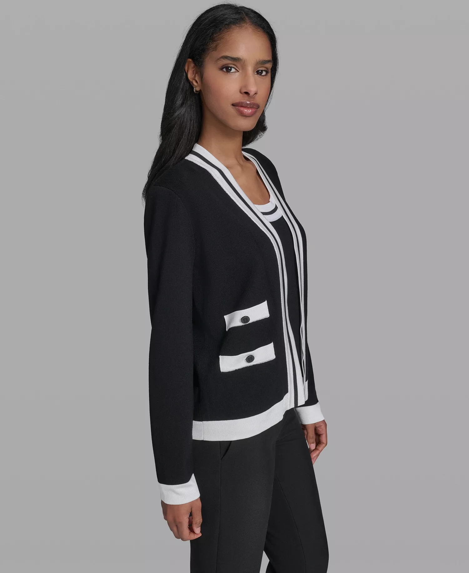 Women's Open-Front Long-Sleeve Knit Cardigan with Contrast Trim - Black/soft White - L
