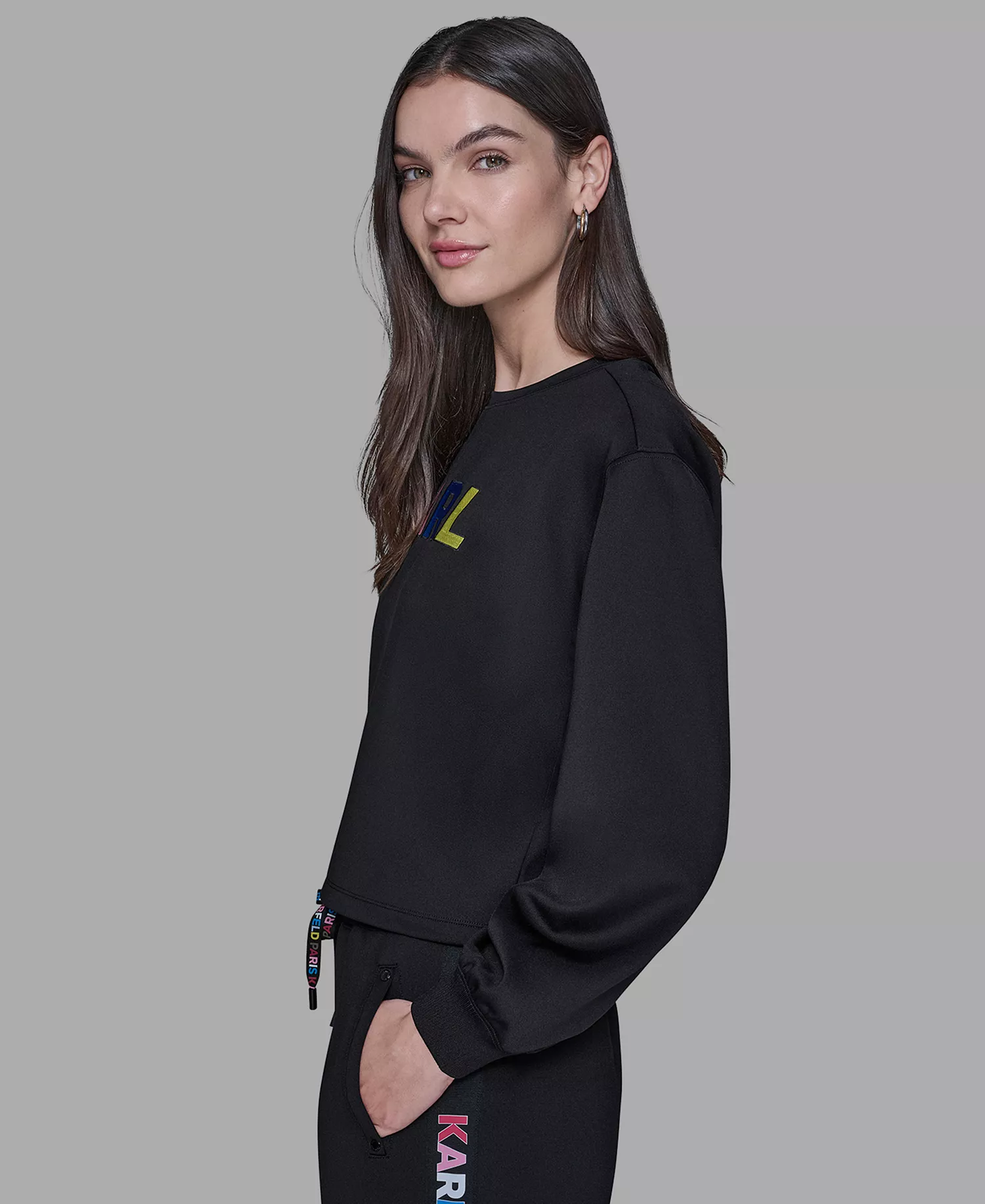 Petite Embroidered Logo Long-Sleeve Sweater - Black - P/L