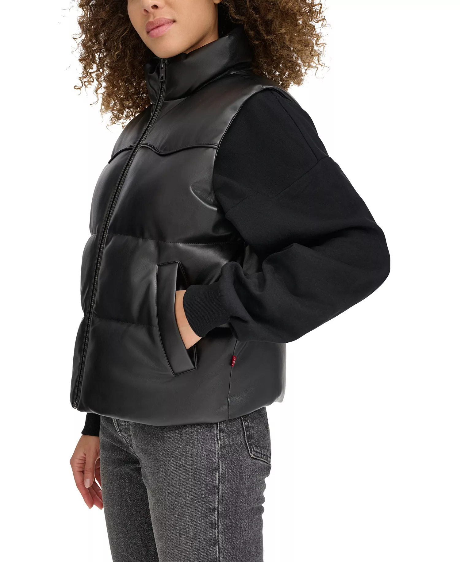 Women's Faux Leather Western Puffer Vest - Black - M