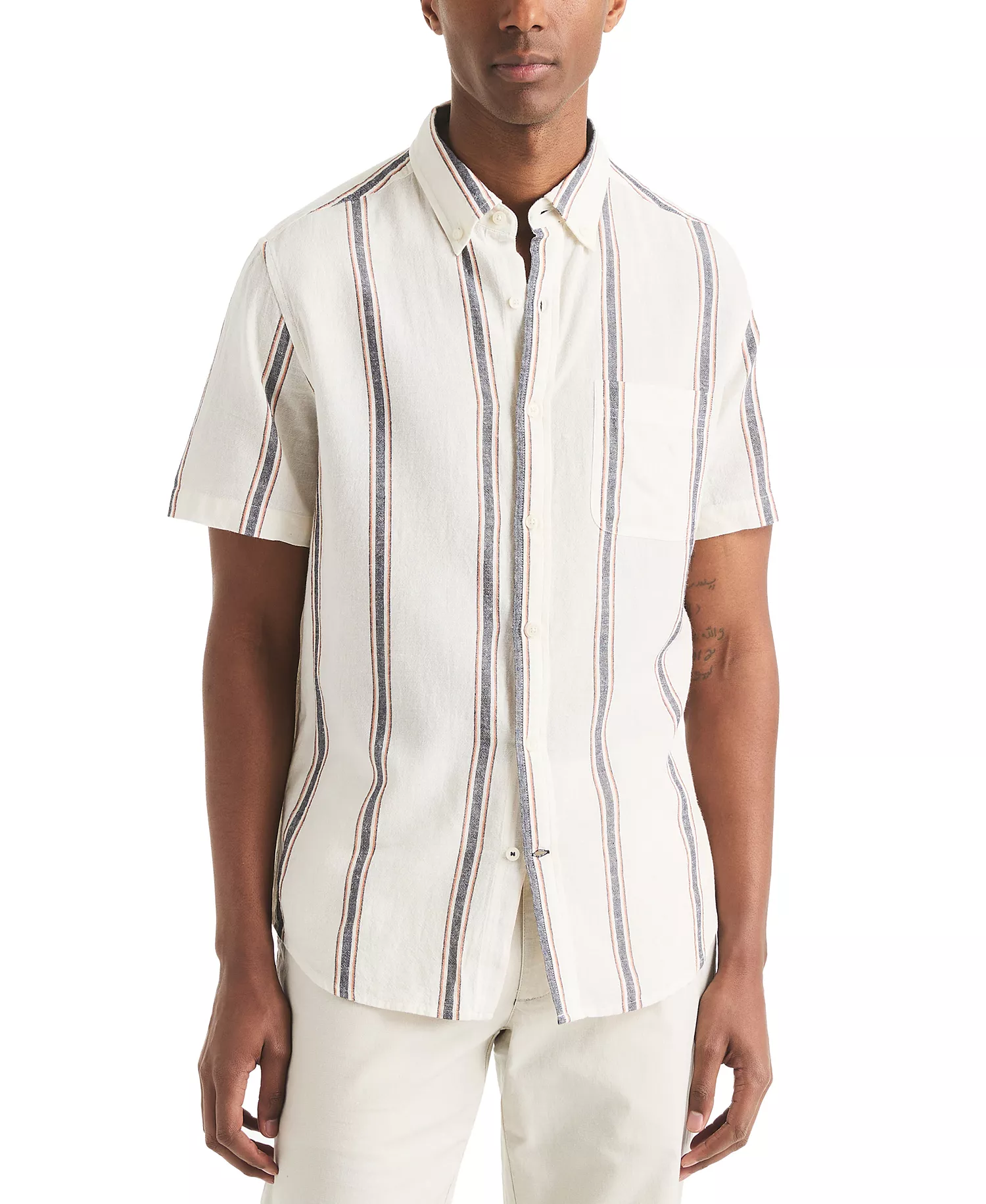 Men's Short Sleeve Striped Button-Down Shirt - Sail White - L