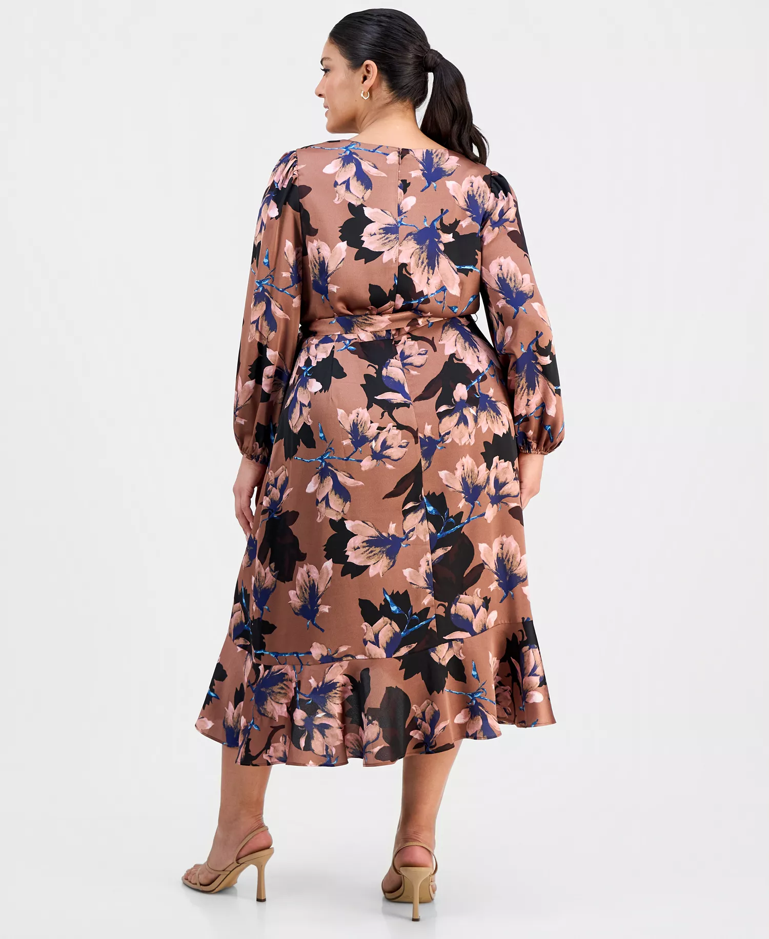 Plus Size Floral Print Faux-Wrap Midi Dress - Mauve Floral - 14W