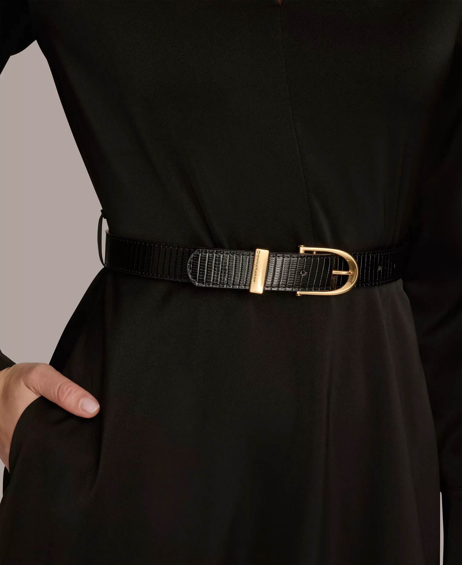 Women's Satin V-Neck Belted A-Line Midi Dress - Black - 4