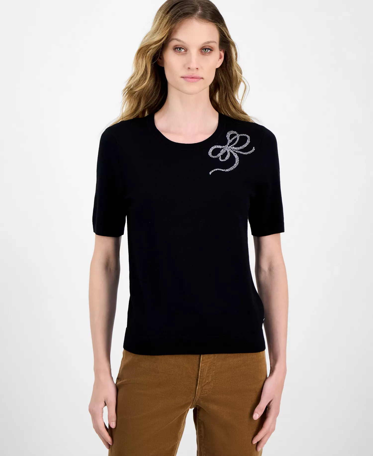 Nautica Women's Rhinestone-Bow Short-Sleeve Sweater - Black - L