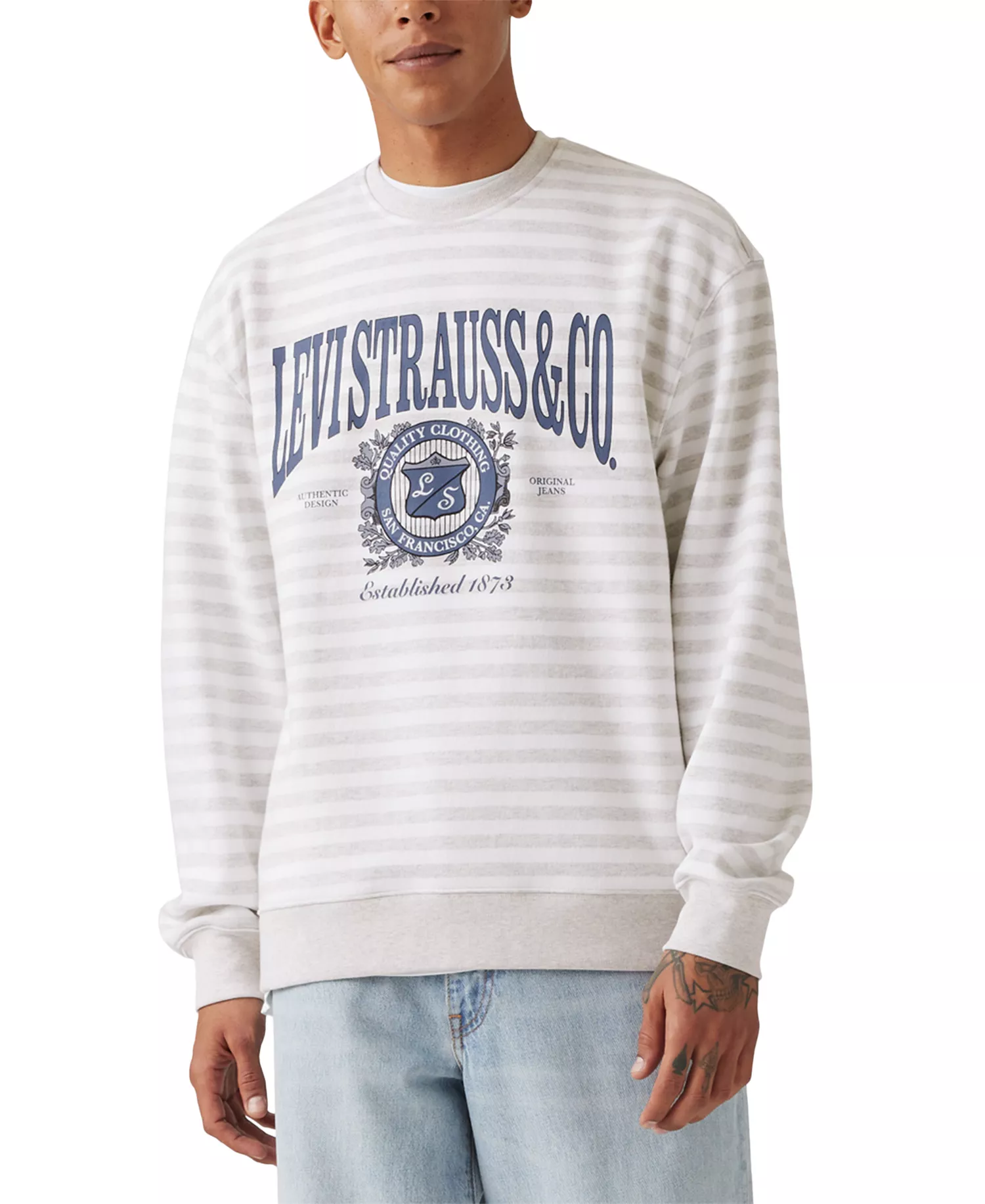 Men's Relaxed Fit Long Sleeve Logo Graphic Striped Crewneck Sweatshirt - White Stripe - 2XL