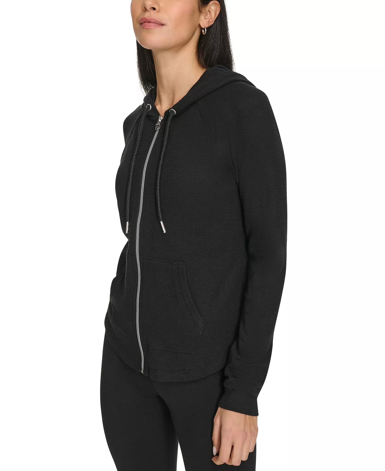 Ruched-Sleeve Zip Hoodie - Black - XS