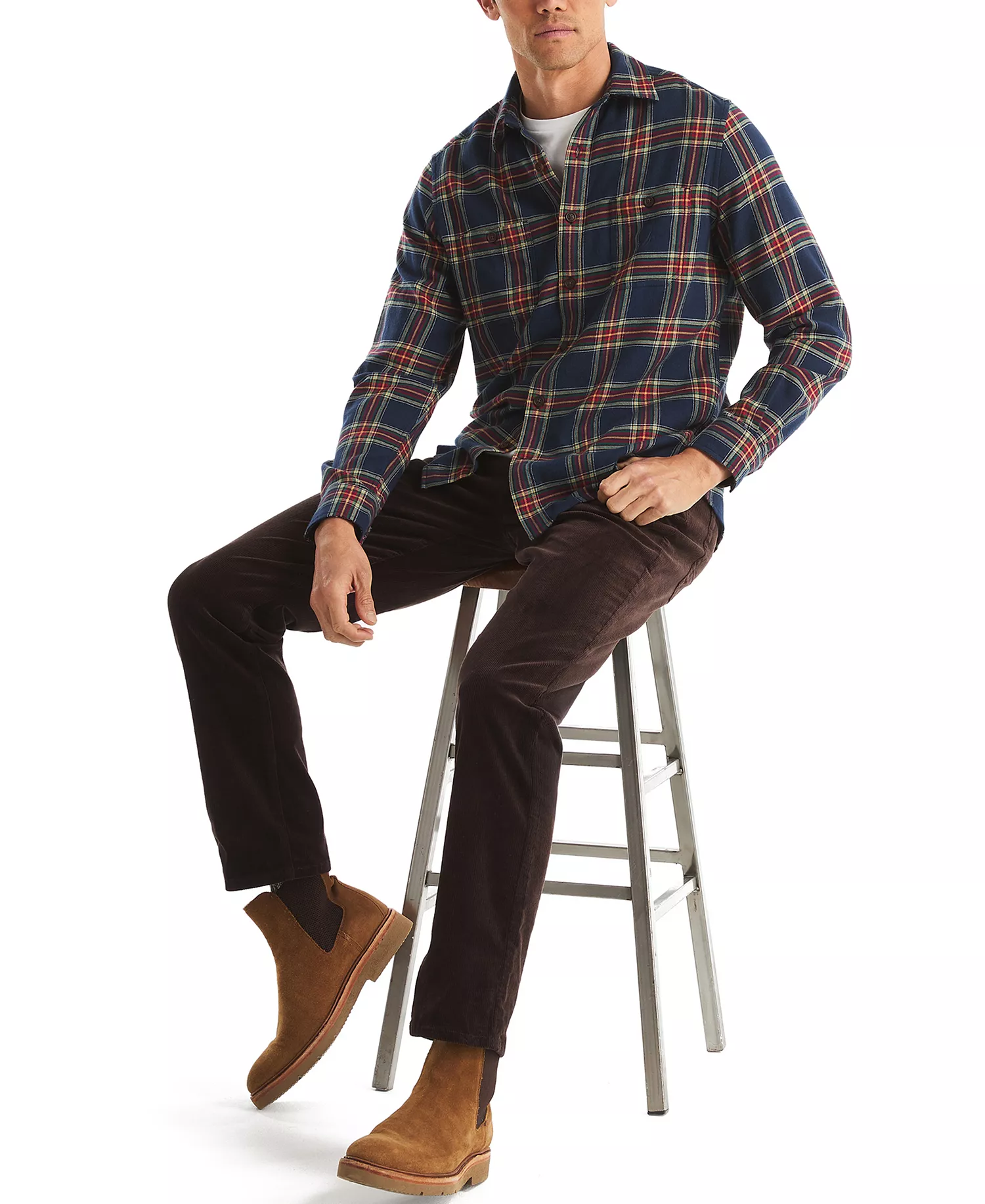 Men's Long Sleeve Stretch Flannel Plaid Shirt - Navy Seas - 2XL