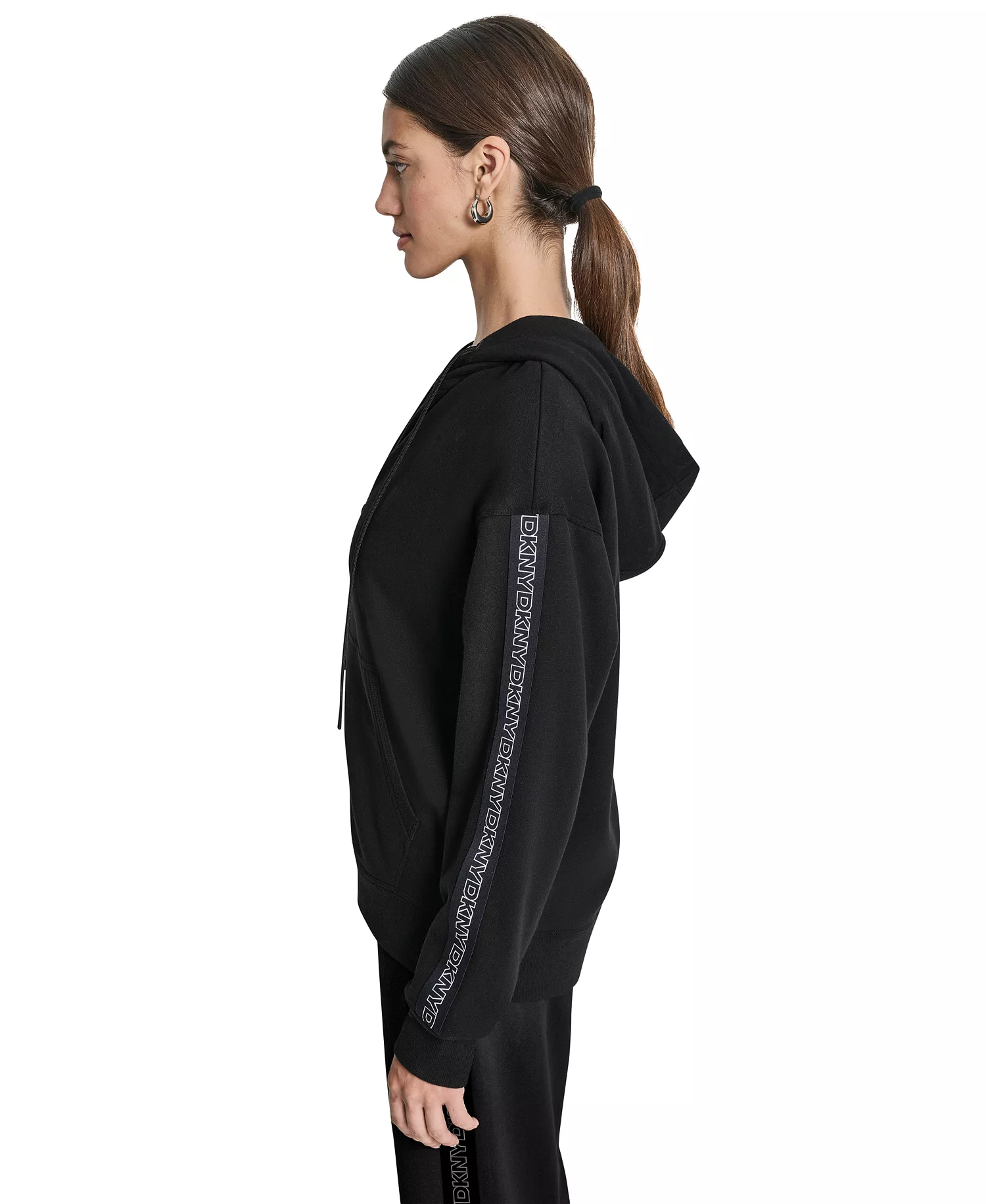 Women's Outline Logo Tape Zip Front Hoodie - Black - L