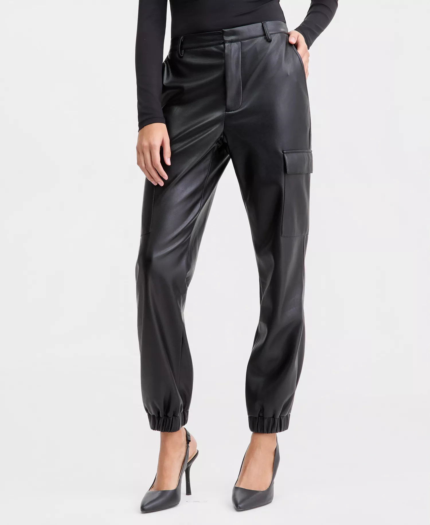 Women's Faux-Leather Jogger Pants, Macy's Exclusive - Deep Black - L
