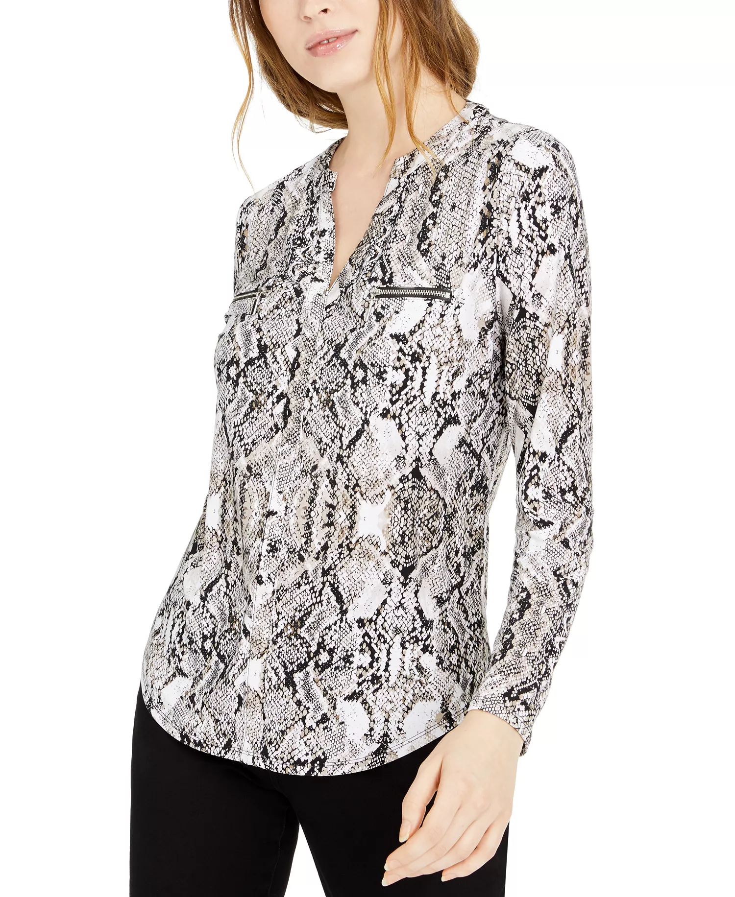 Petite Printed Zip-Pocket Long-Sleeve Top, Created for Macy's  - Desert Snake - P/L