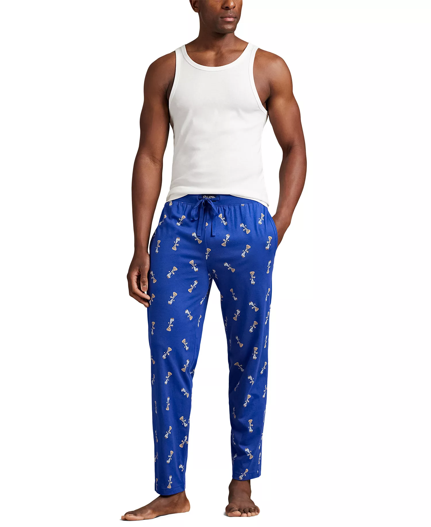 Men's Rib Waistband Knit Bear Pajama Pants - Billard Blue - L