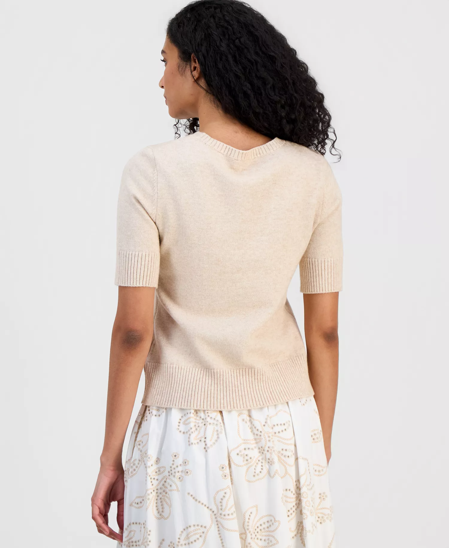 Women's Floral-Appliqué Short-Sleeve Sweater - Dew Heather - L