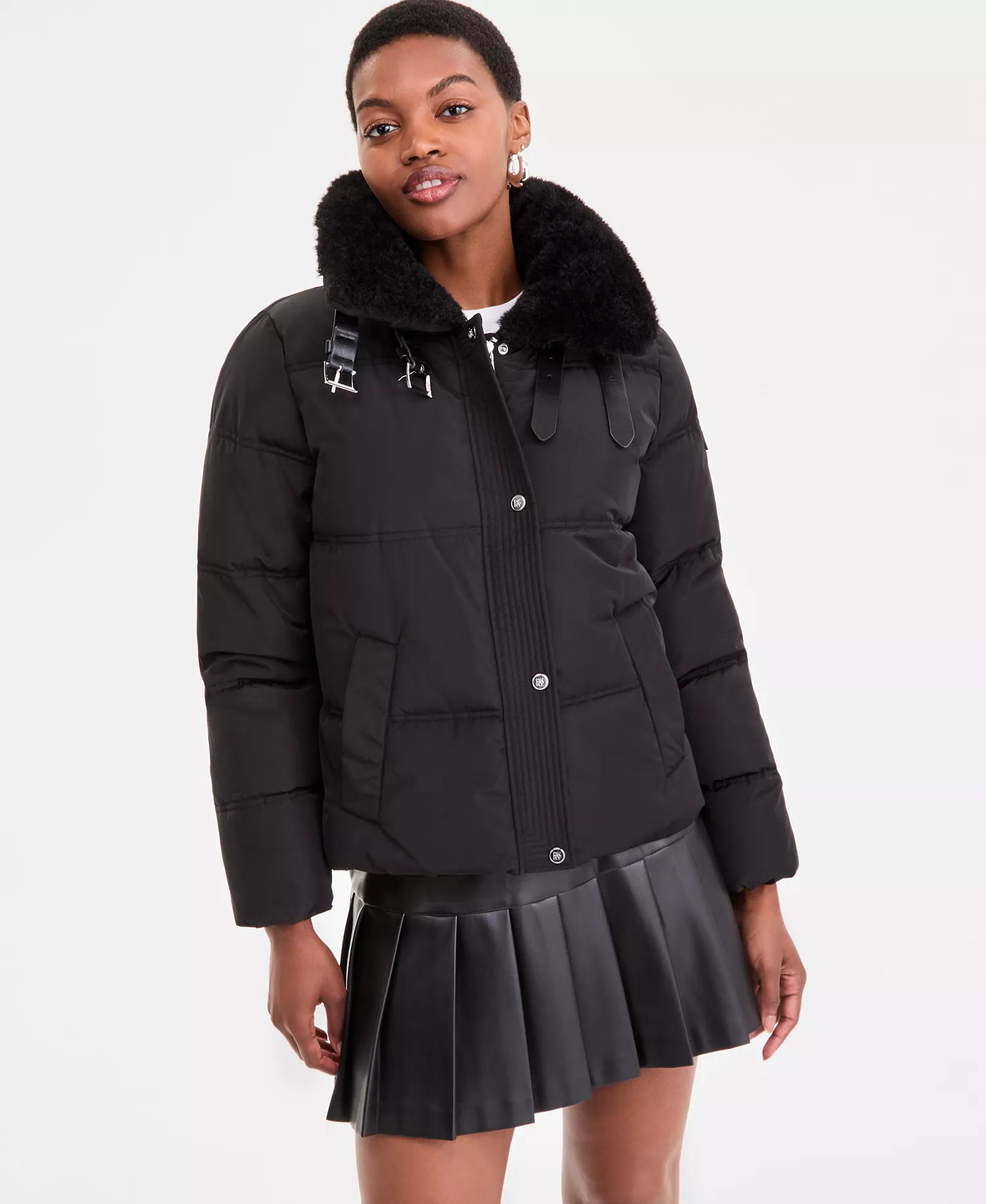 Women's Faux-Fur-Collar Zip-Front Puffer Coat - Black - L